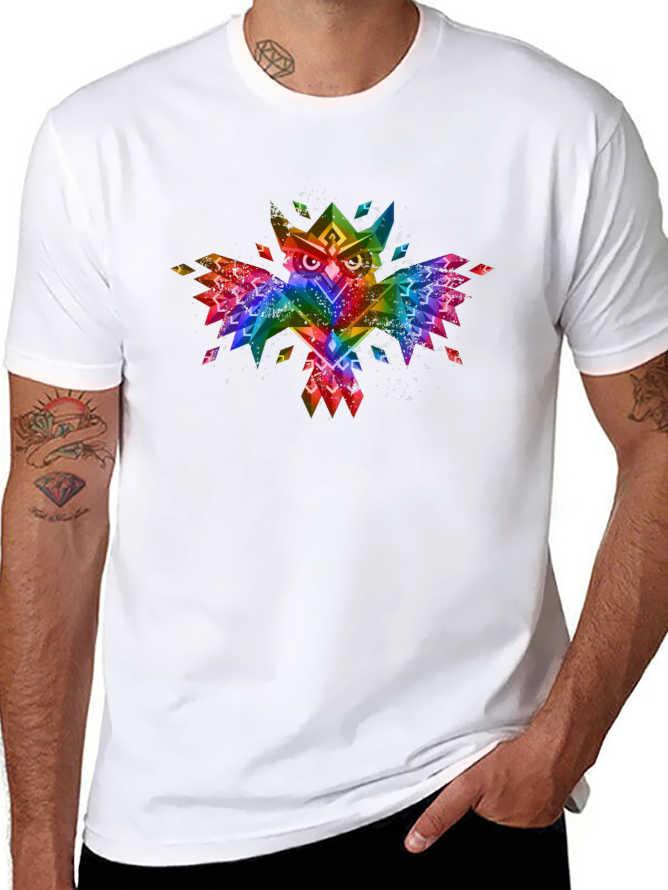 Geometric Rainbow Owl Graphic Black T-Shirt