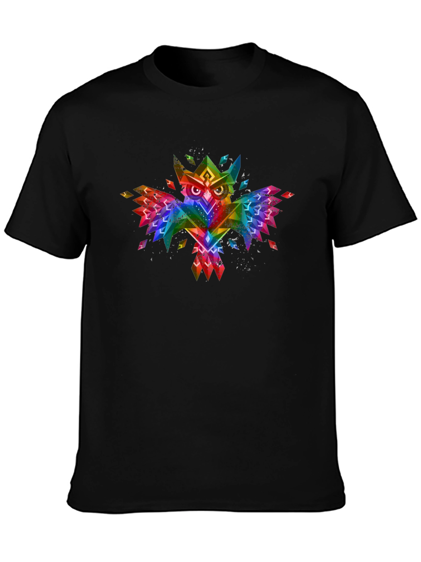 Geometric Rainbow Owl Graphic Black T-Shirt