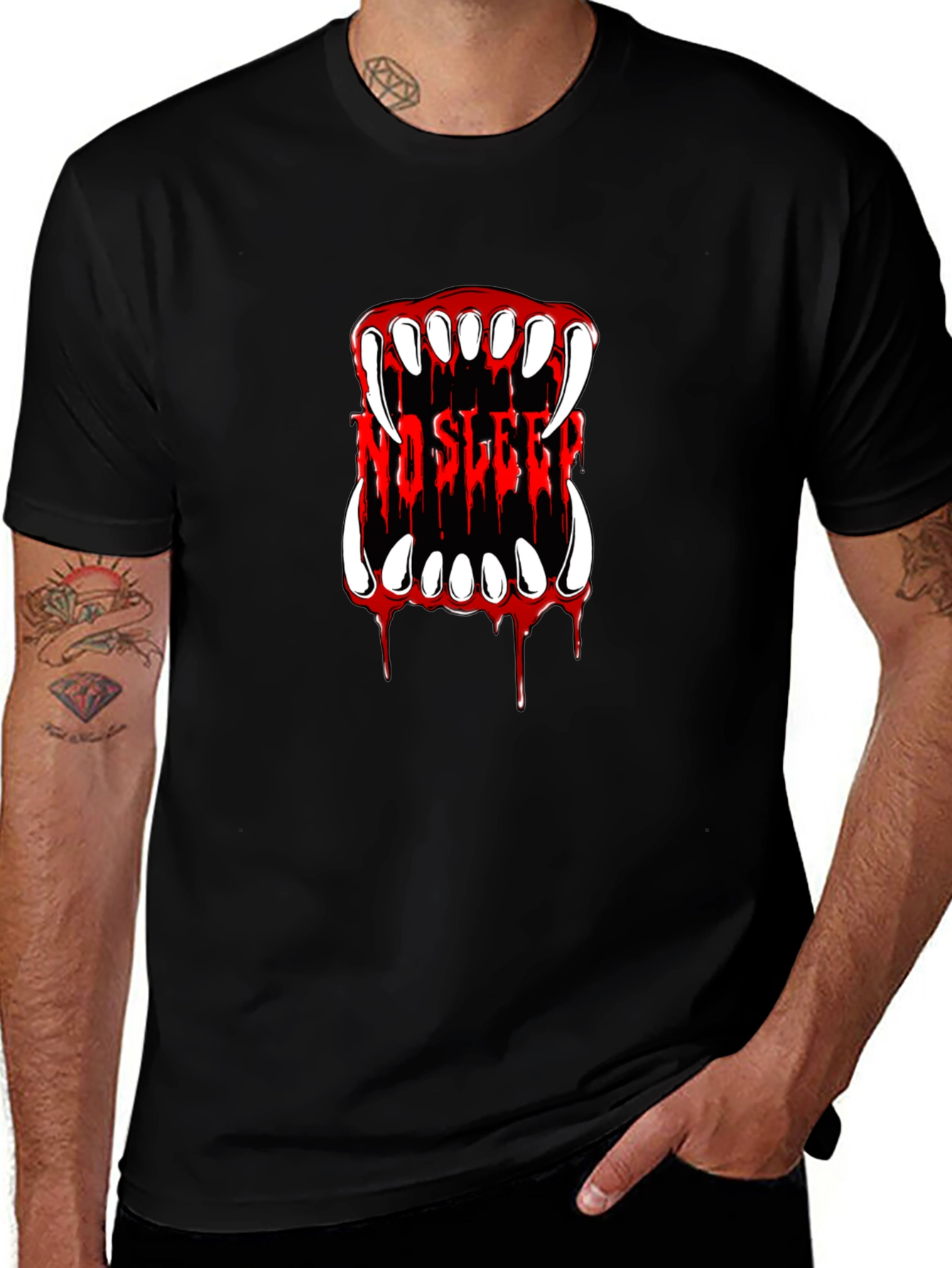 No Sleep Vampire Fangs Graphic Tee - Black