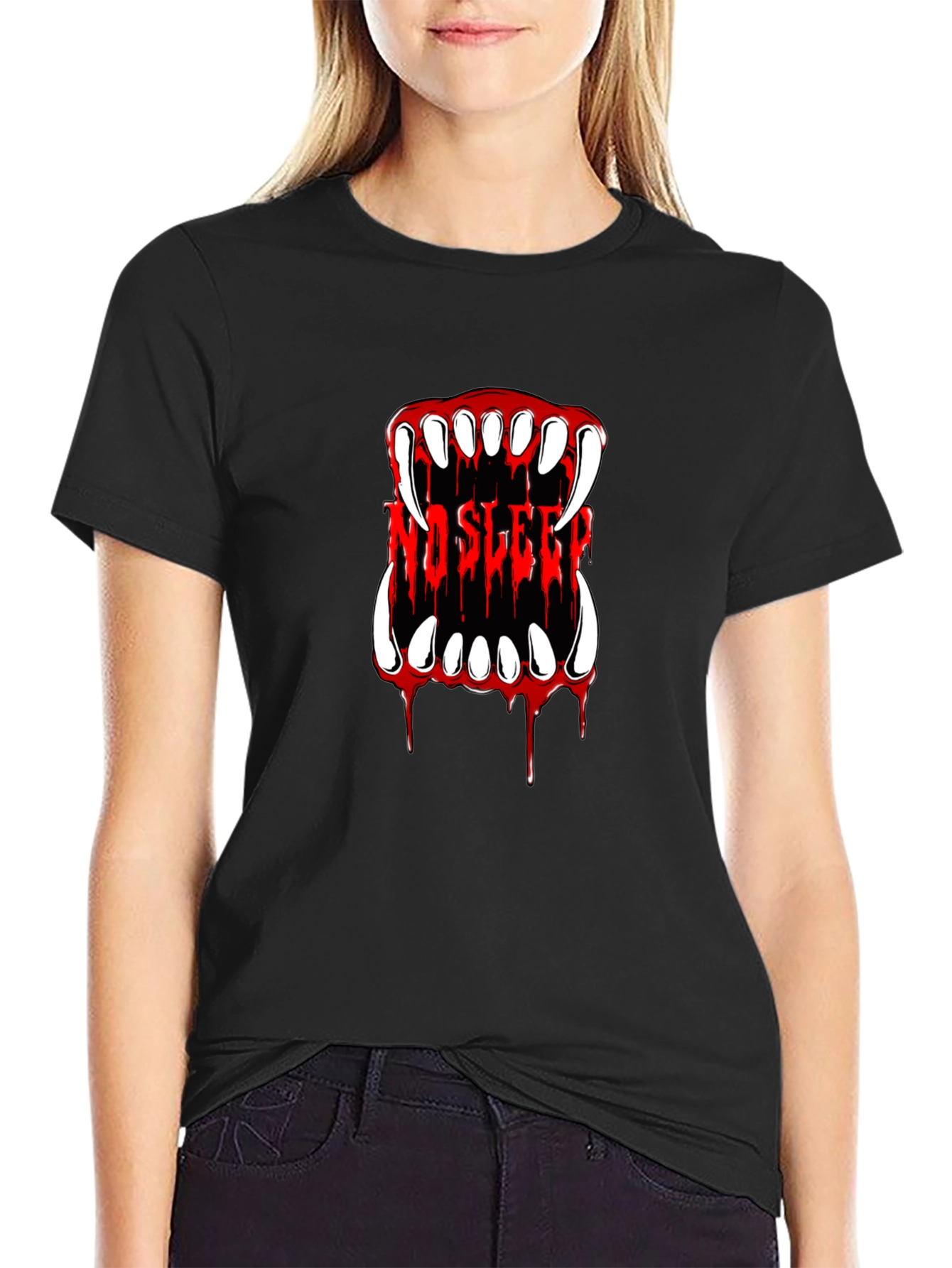 No Sleep Vampire Fangs Graphic Tee - Black