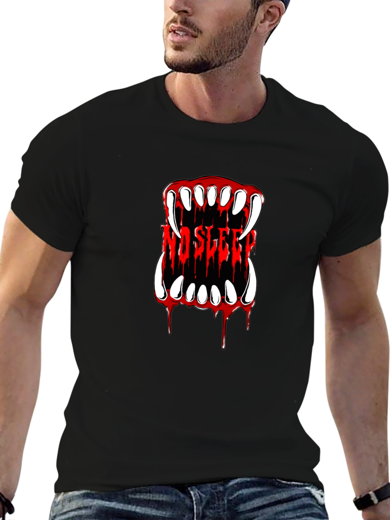 No Sleep Vampire Fangs Graphic Tee - Black