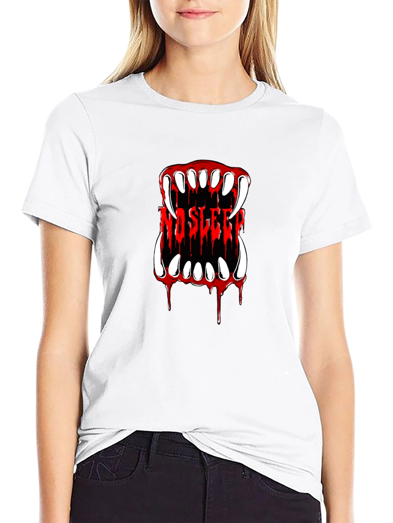 No Sleep Vampire Fangs Graphic Tee - Black