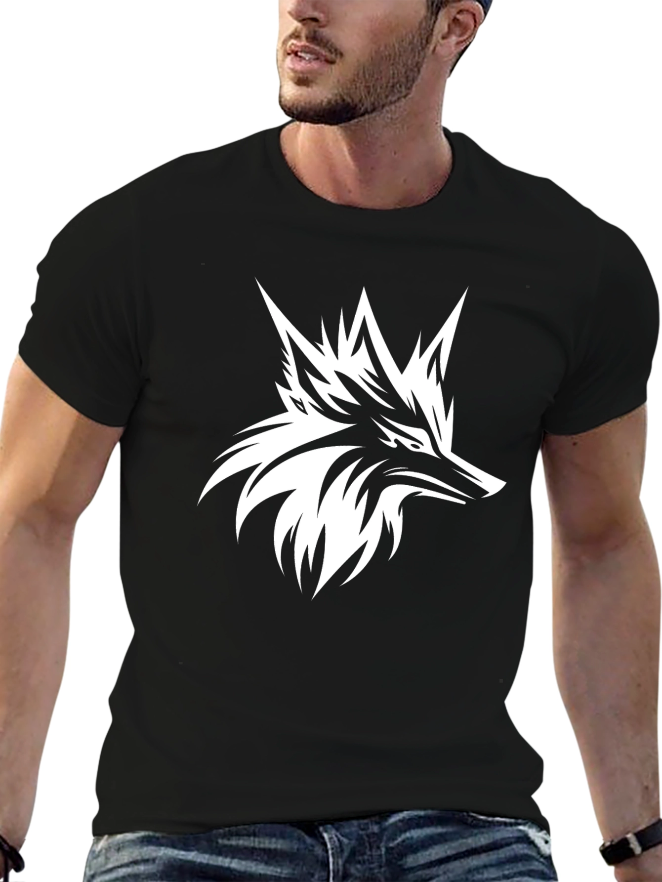 Stylish Black Tee with Bold White Fox Graphic