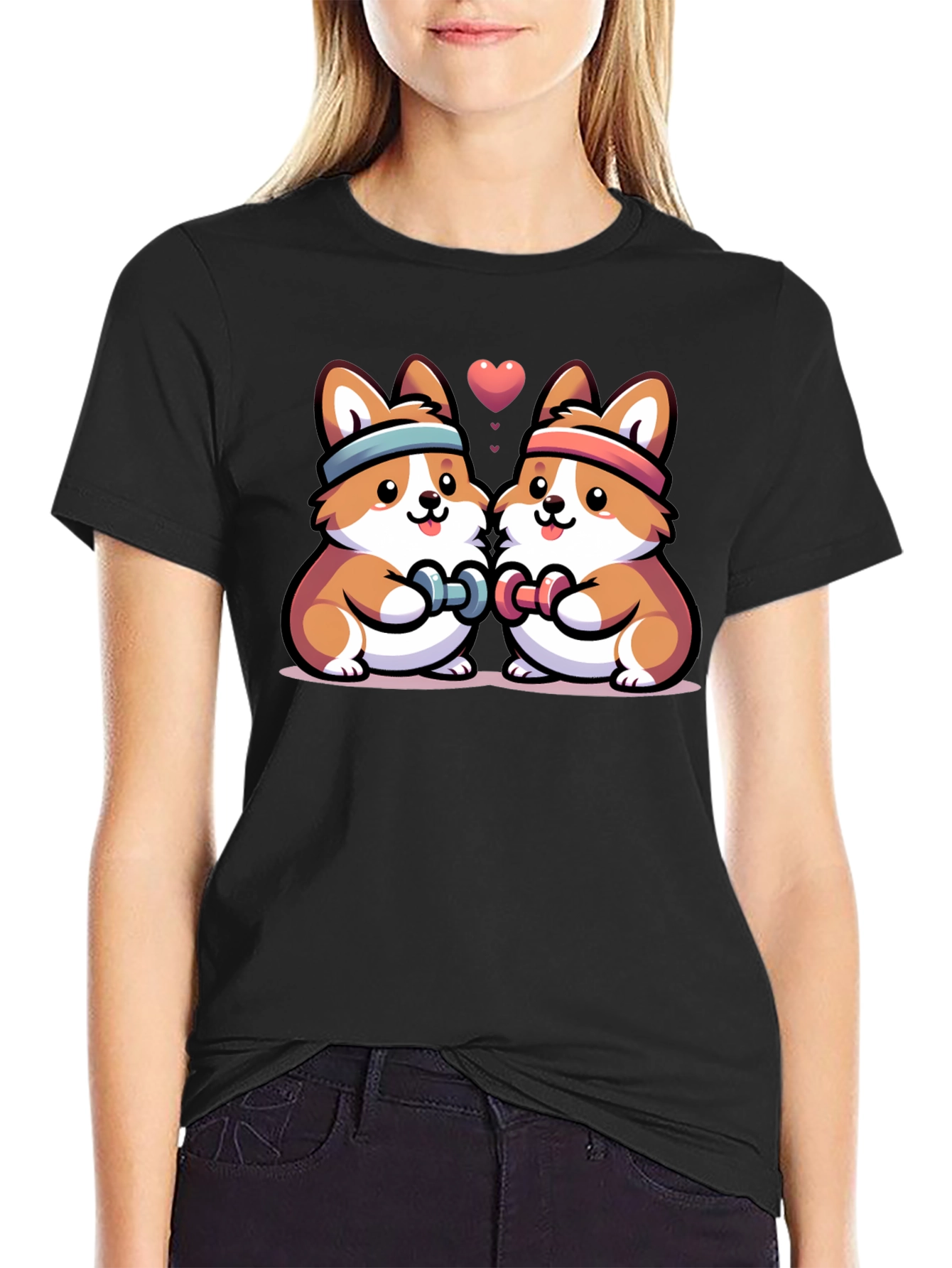 Cute Corgi Gym Buddies Black T-Shirt