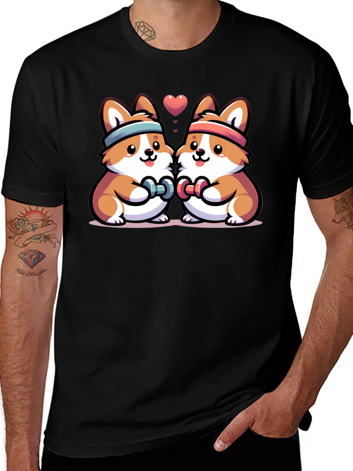 Cute Corgi Gym Buddies Black T-Shirt