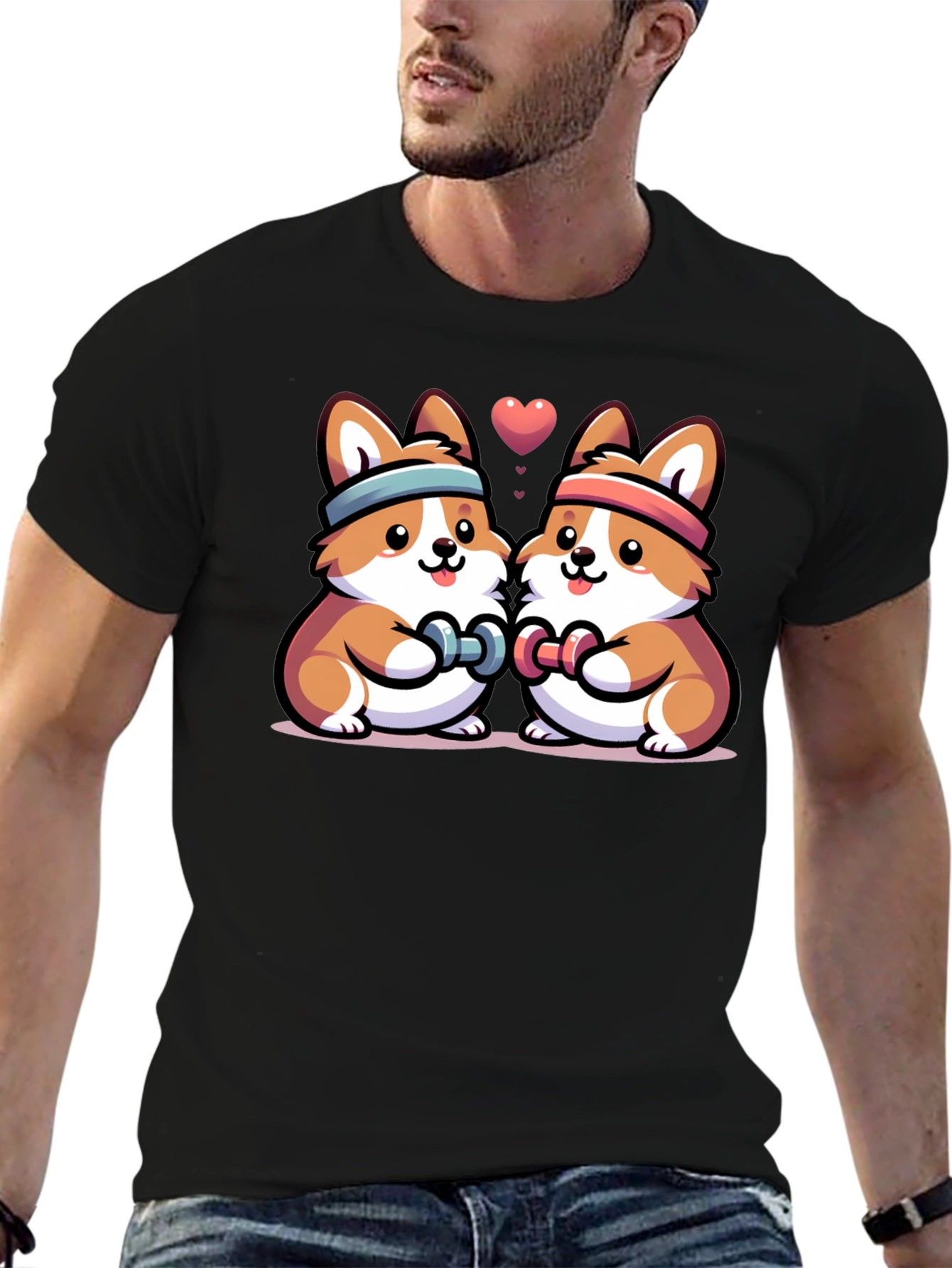 Cute Corgi Gym Buddies Black T-Shirt