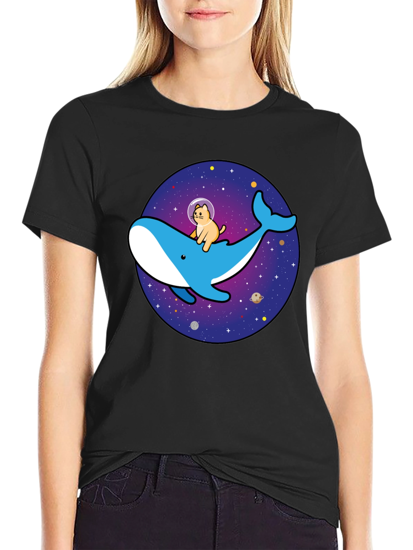 Cat Astronaut Riding Whale Space T-Shirt