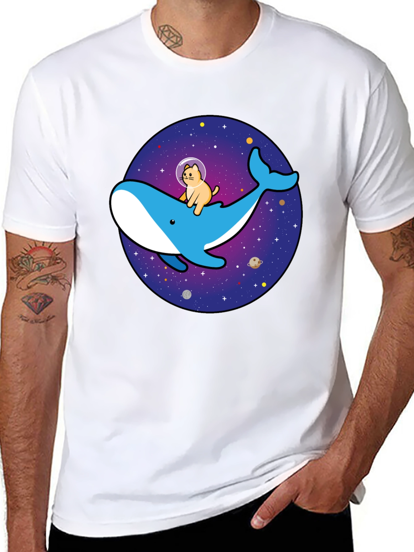 Cat Astronaut Riding Whale Space T-Shirt