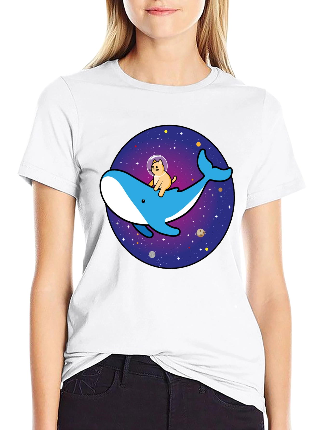 Cat Astronaut Riding Whale Space T-Shirt