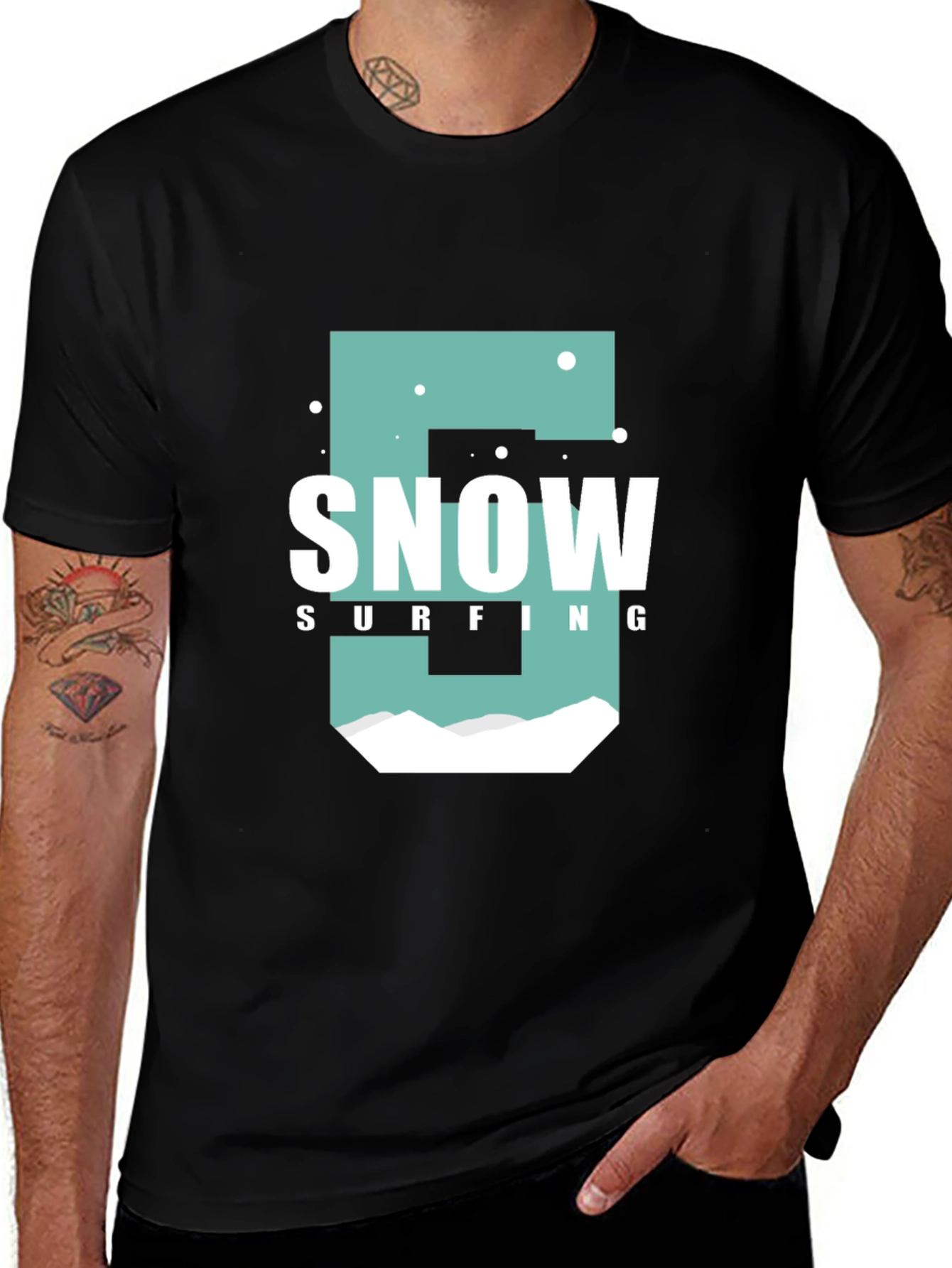Snow Surfing Graphic T-Shirt Black Cotton Tee