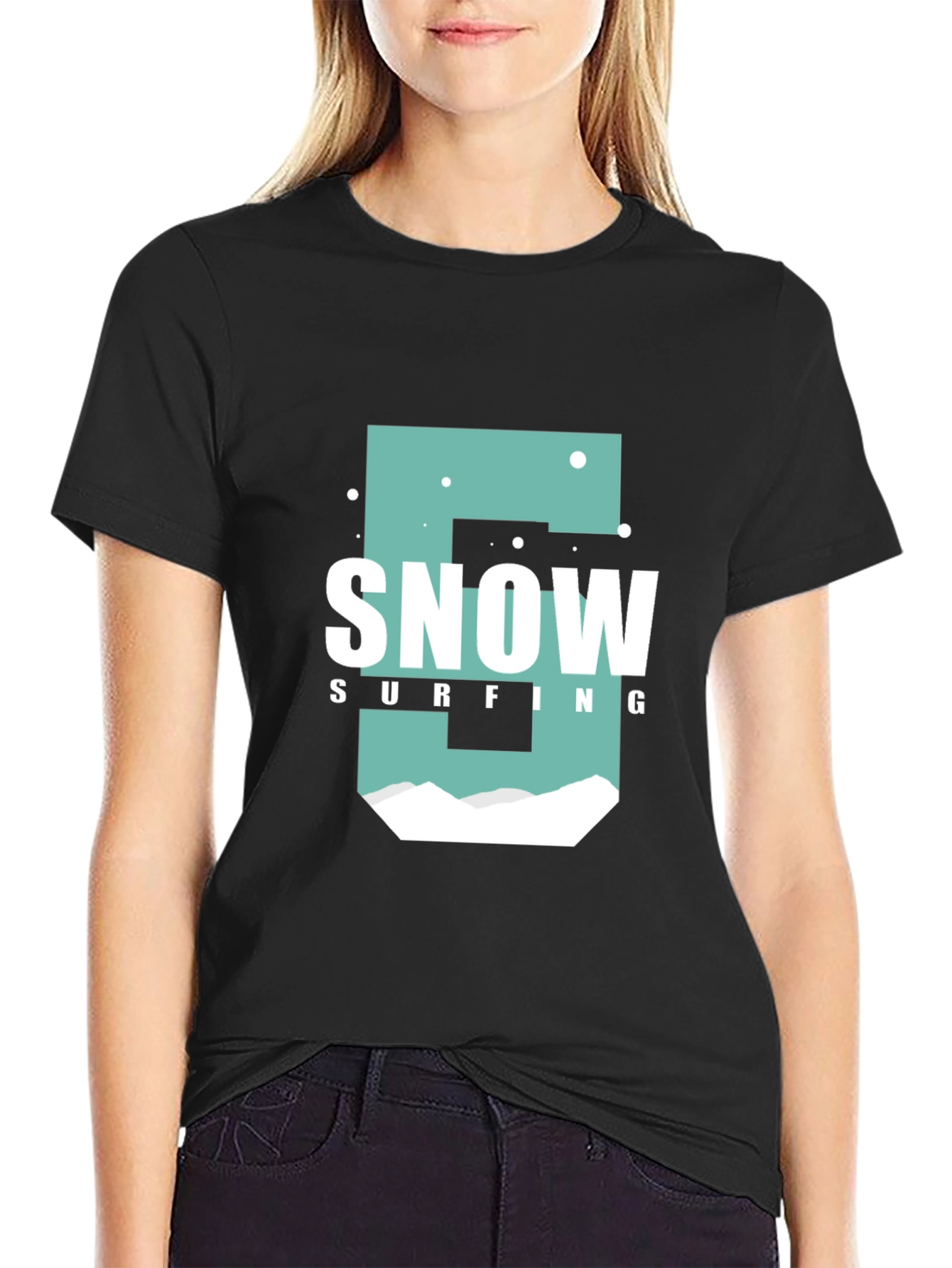 Snow Surfing Graphic T-Shirt Black Cotton Tee