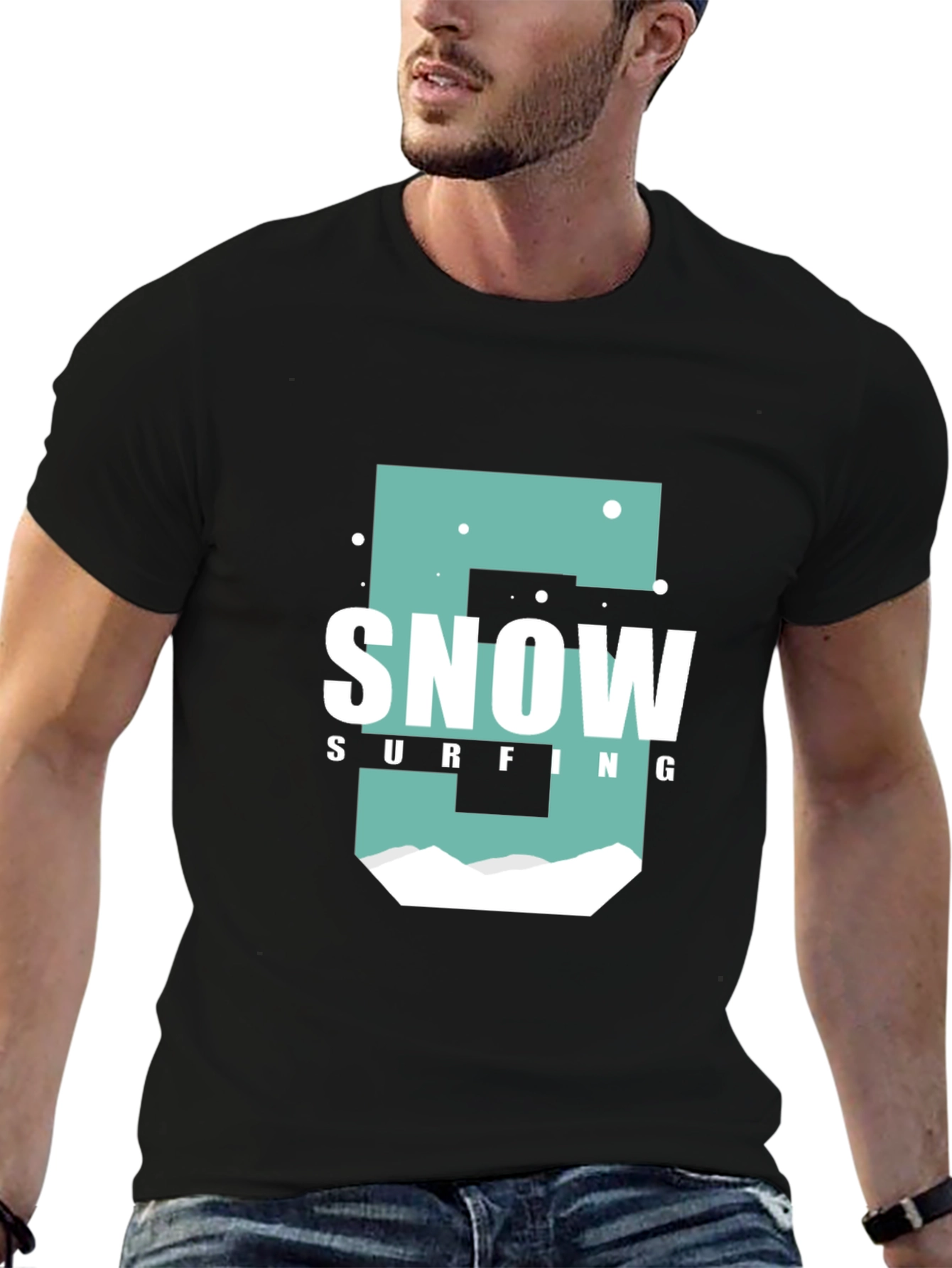 Snow Surfing Graphic T-Shirt Black Cotton Tee