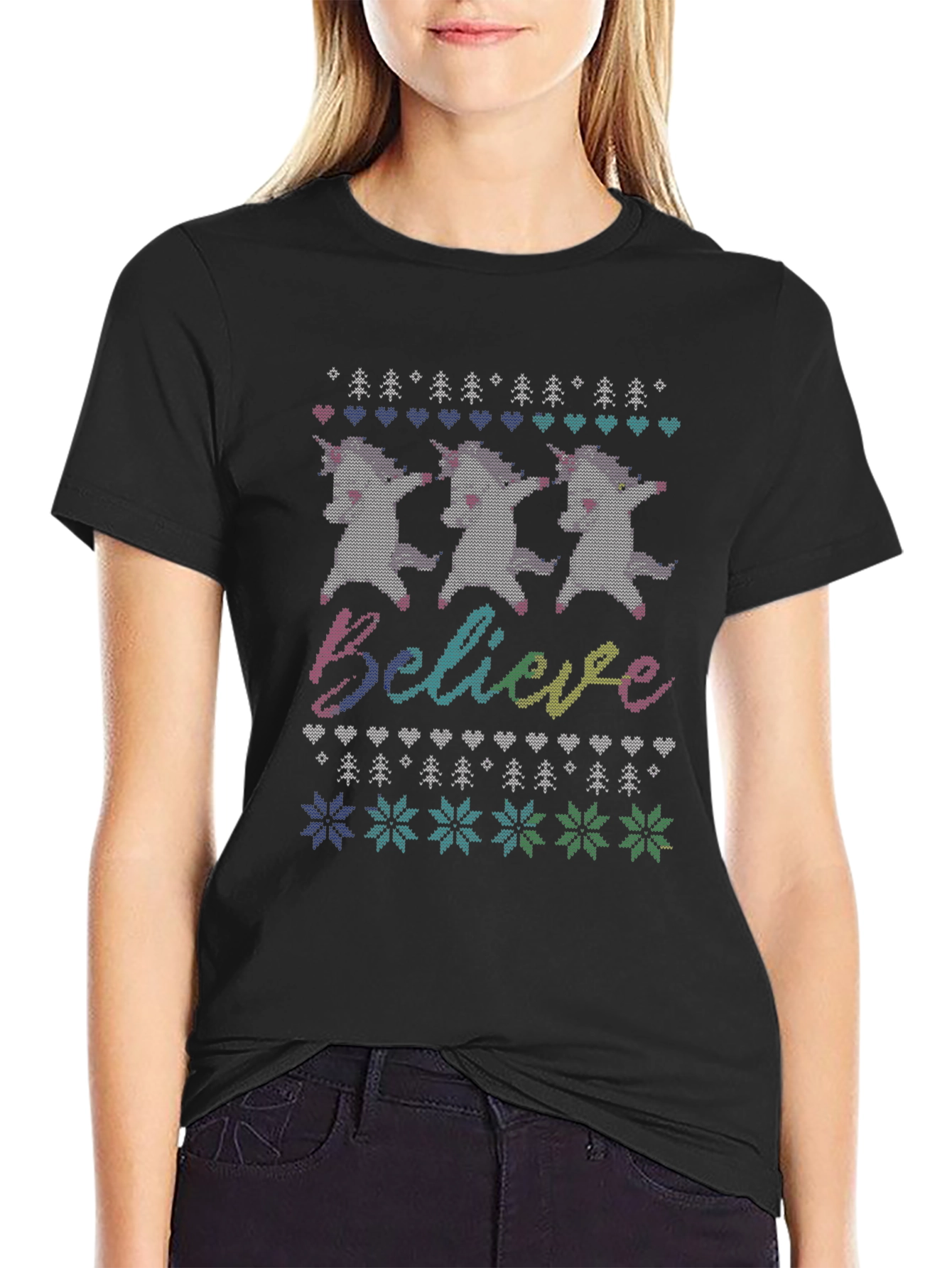Unicorn Believe Ugly Christmas Sweater T-Shirt