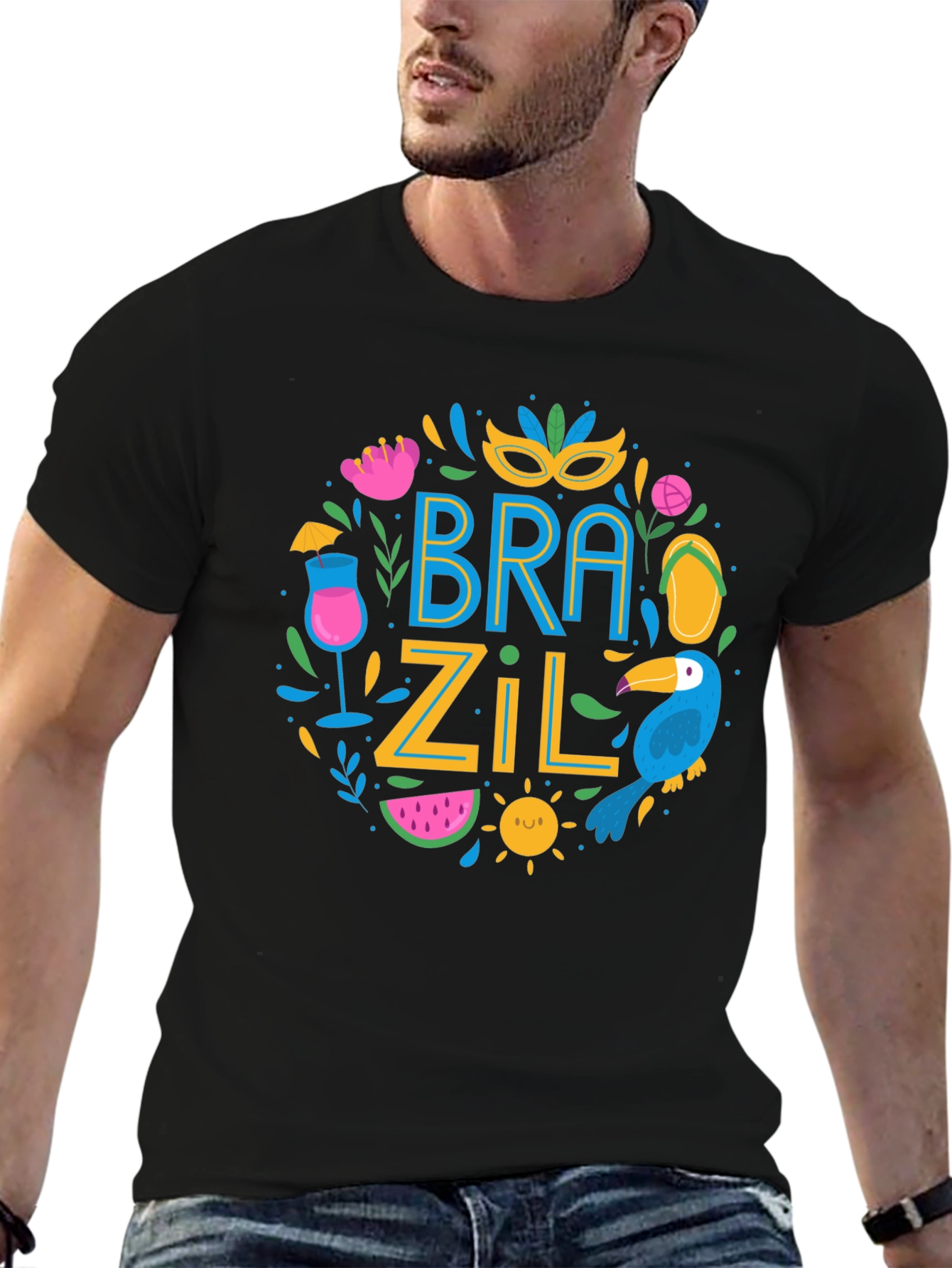 Brazil Themed Graphic Print Black T-Shirt