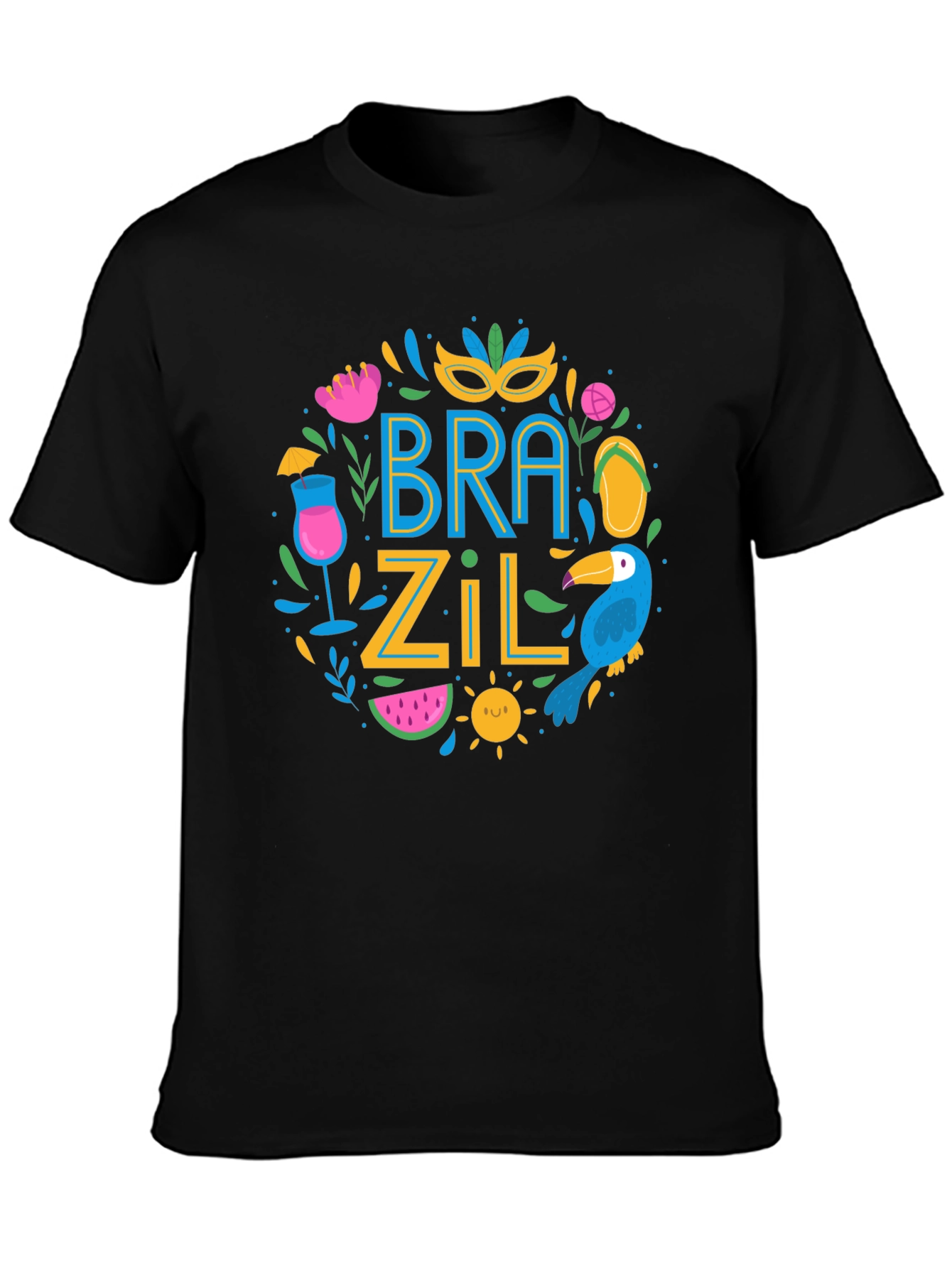 Brazil Themed Graphic Print Black T-Shirt