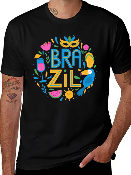 Brazil Themed Graphic Print Black T-Shirt