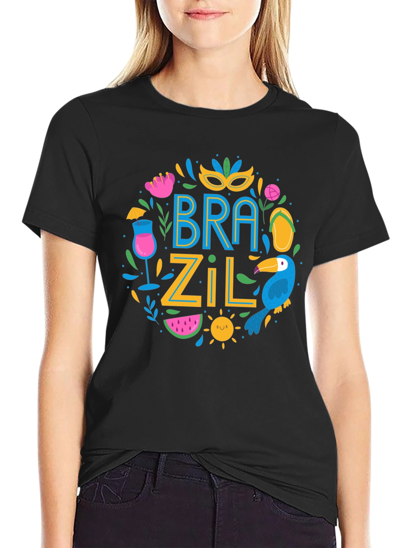 Brazil Themed Graphic Print Black T-Shirt