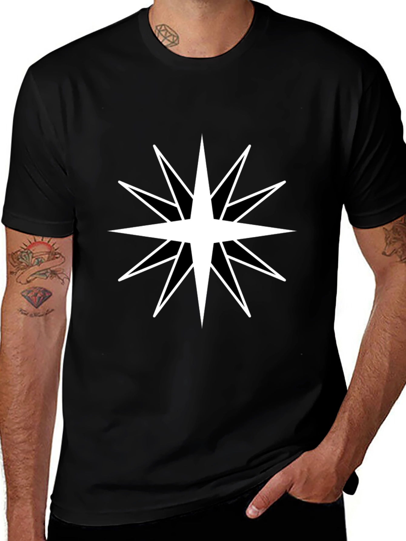 Mens Black T-Shirt with White Star Design