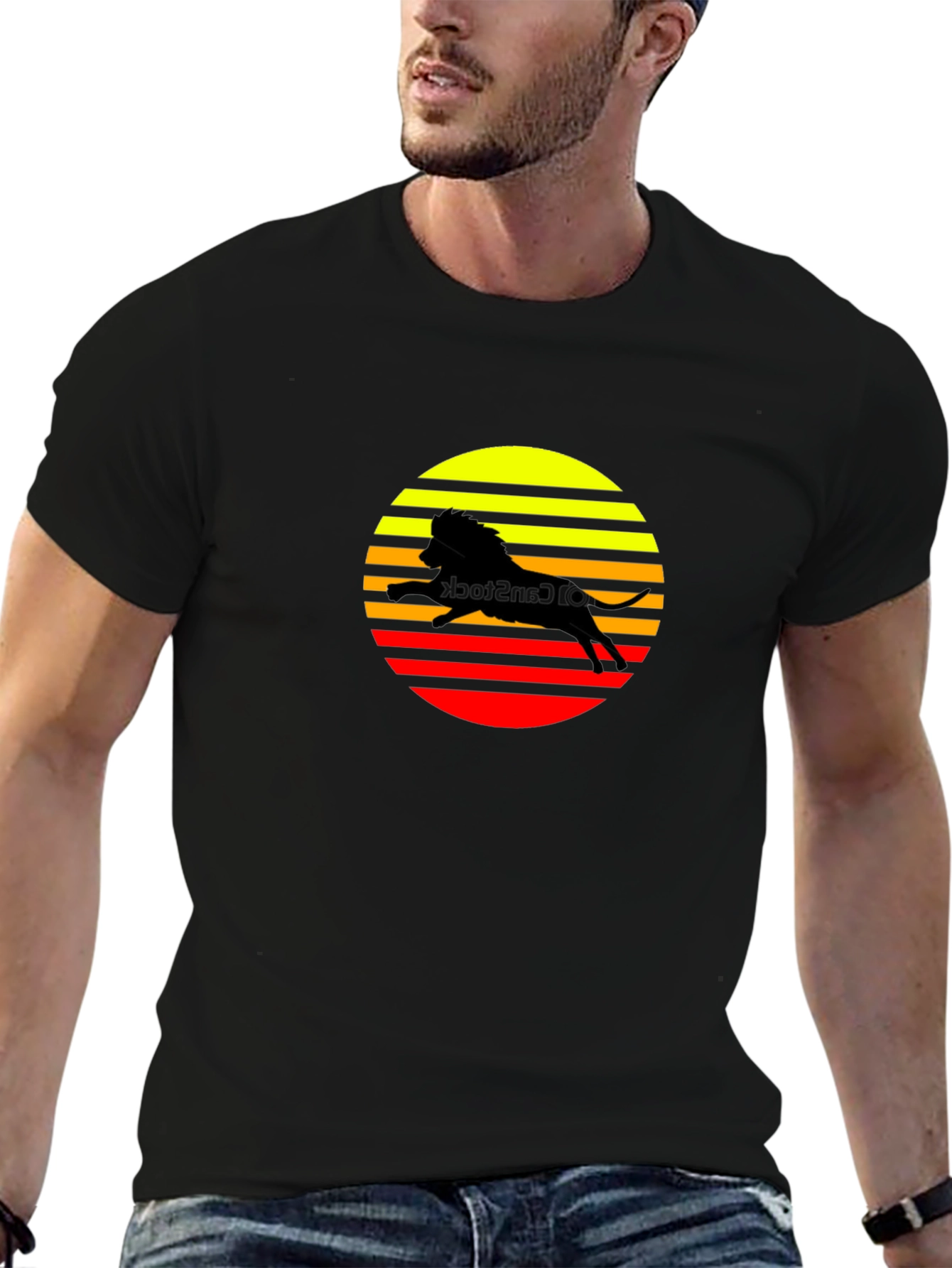 Retro Lion Sunset Graphic T-Shirt - Black
