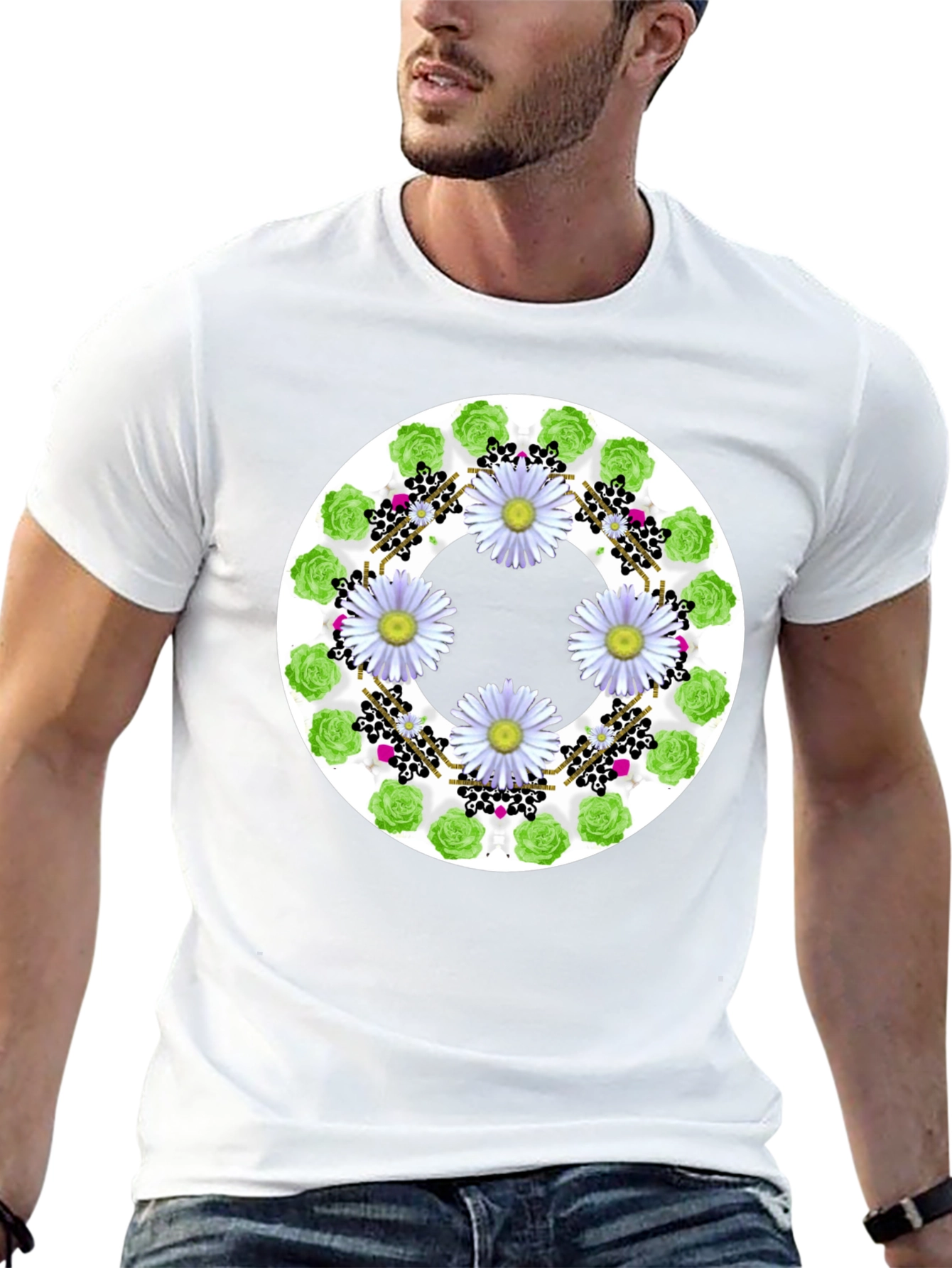 Floral Wreath Graphic Tee - Stylish Black T-Shirt