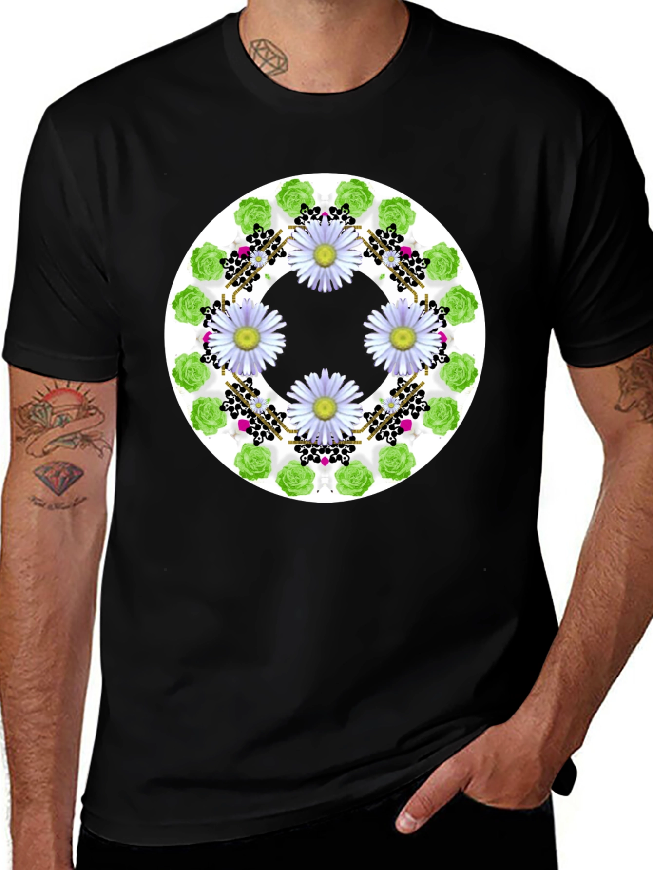 Floral Wreath Graphic Tee - Stylish Black T-Shirt