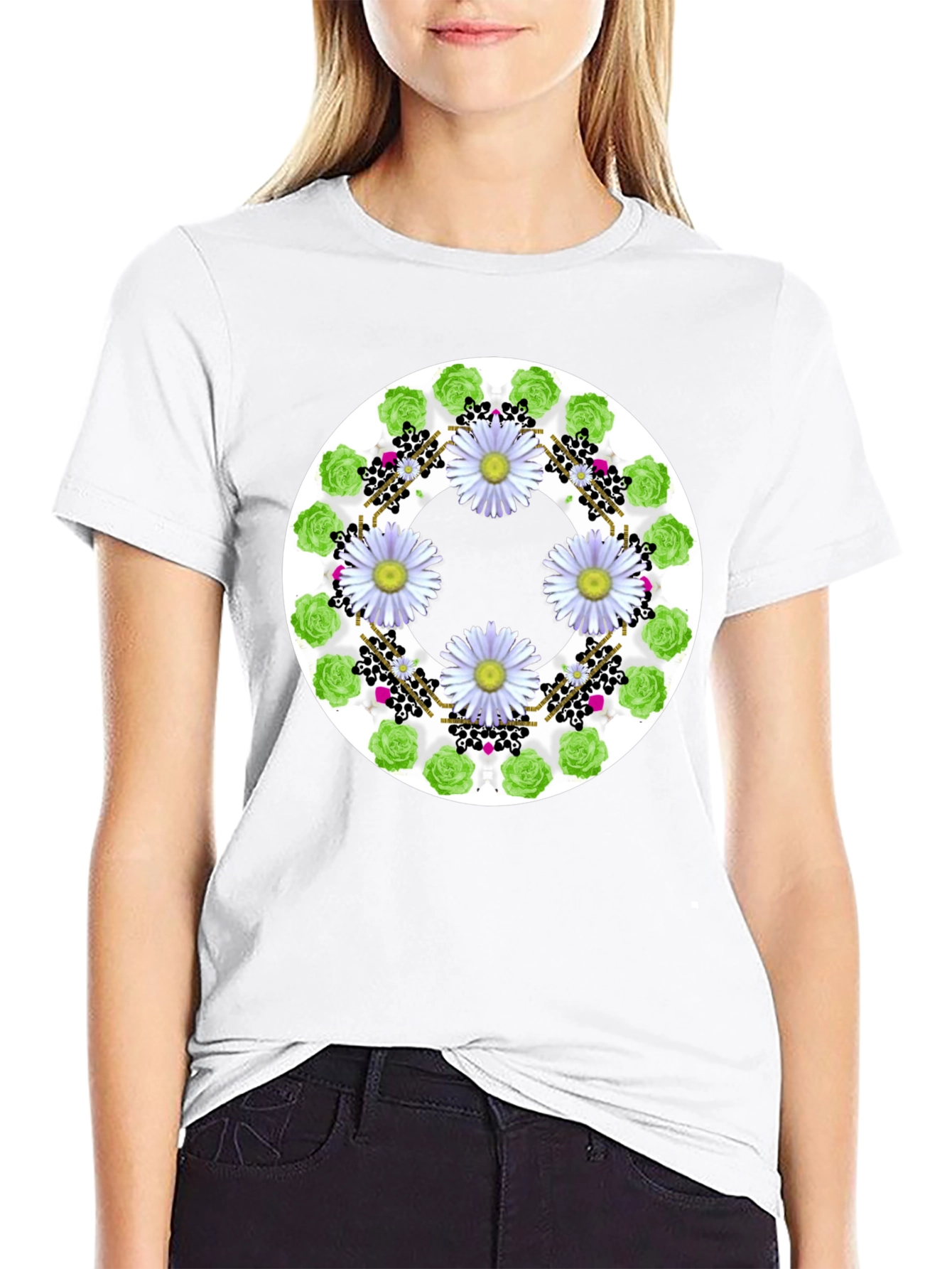 Floral Wreath Graphic Tee - Stylish Black T-Shirt