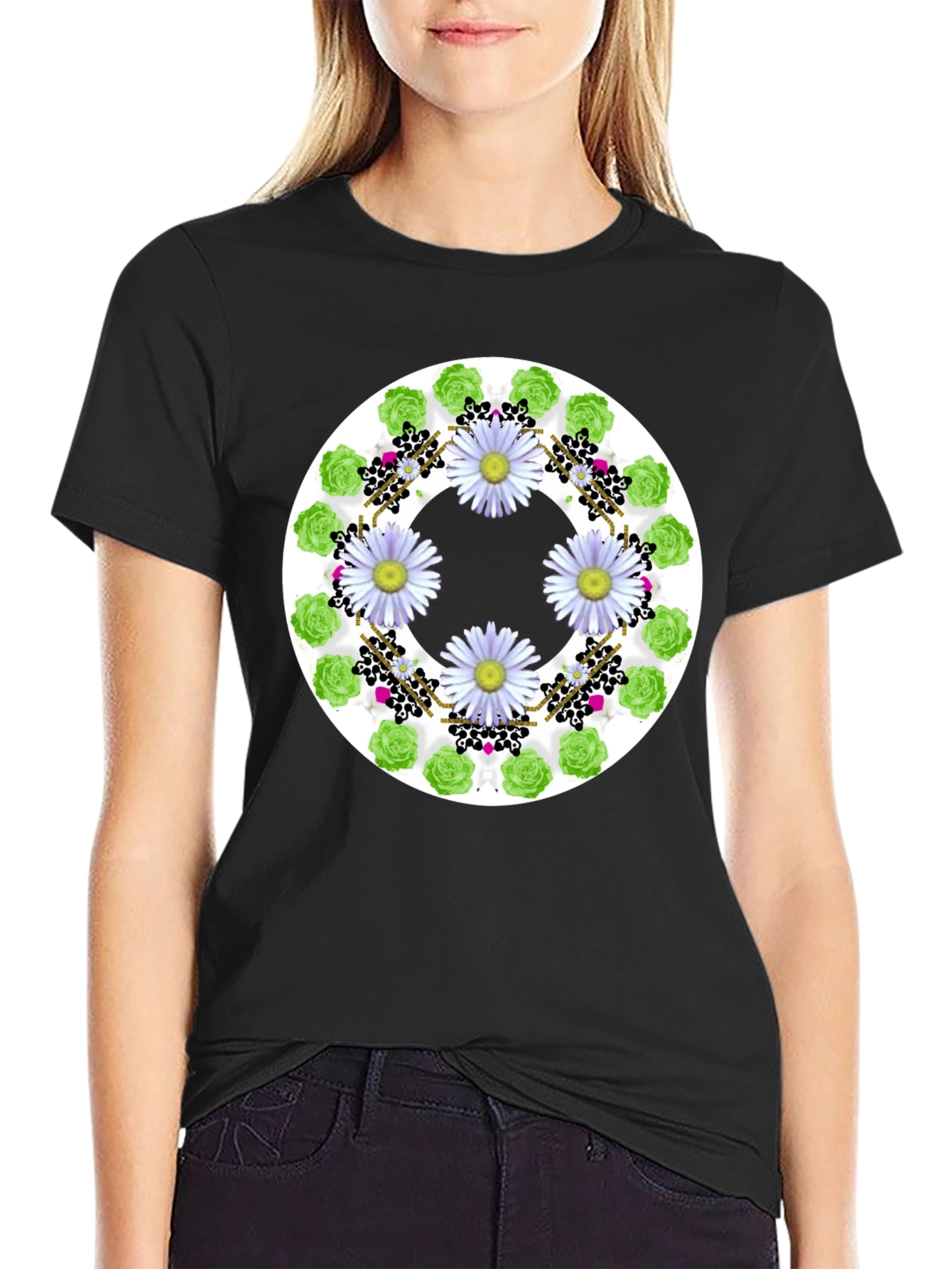 Floral Wreath Graphic Tee - Stylish Black T-Shirt