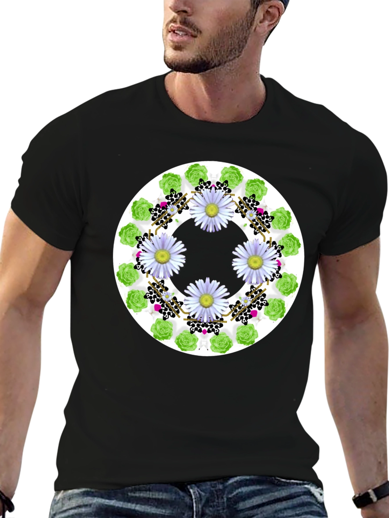 Floral Wreath Graphic Tee - Stylish Black T-Shirt