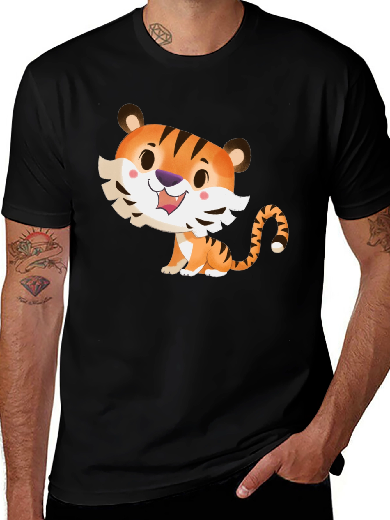 Cute Cartoon Tiger Graphic Tee - Soft Black T-Shirt