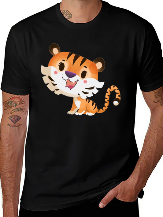 Cute Cartoon Tiger Graphic Tee - Soft Black T-Shirt