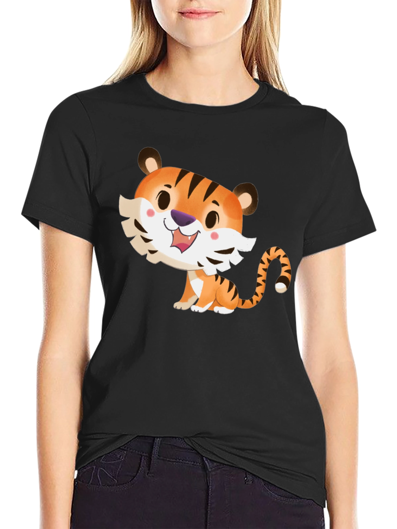Cute Cartoon Tiger Graphic Tee - Soft Black T-Shirt