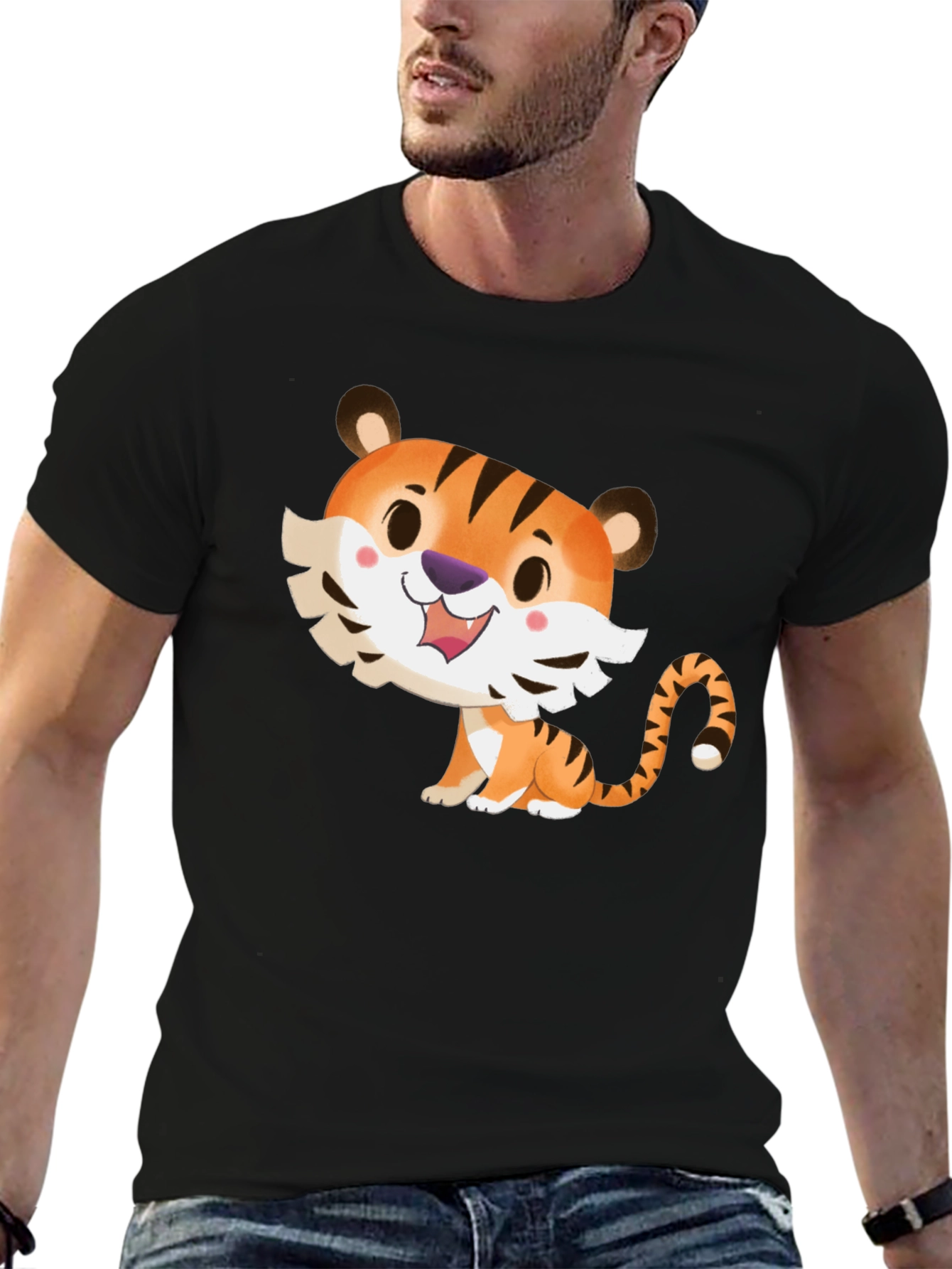 Cute Cartoon Tiger Graphic Tee - Soft Black T-Shirt
