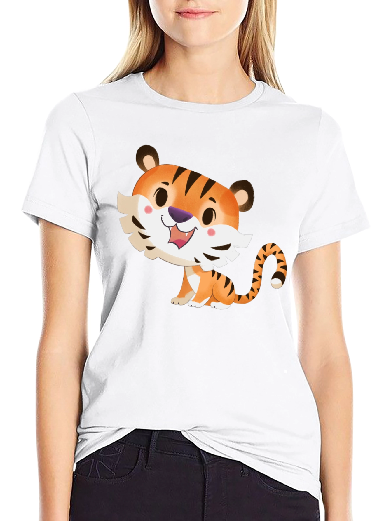 Cute Cartoon Tiger Graphic Tee - Soft Black T-Shirt