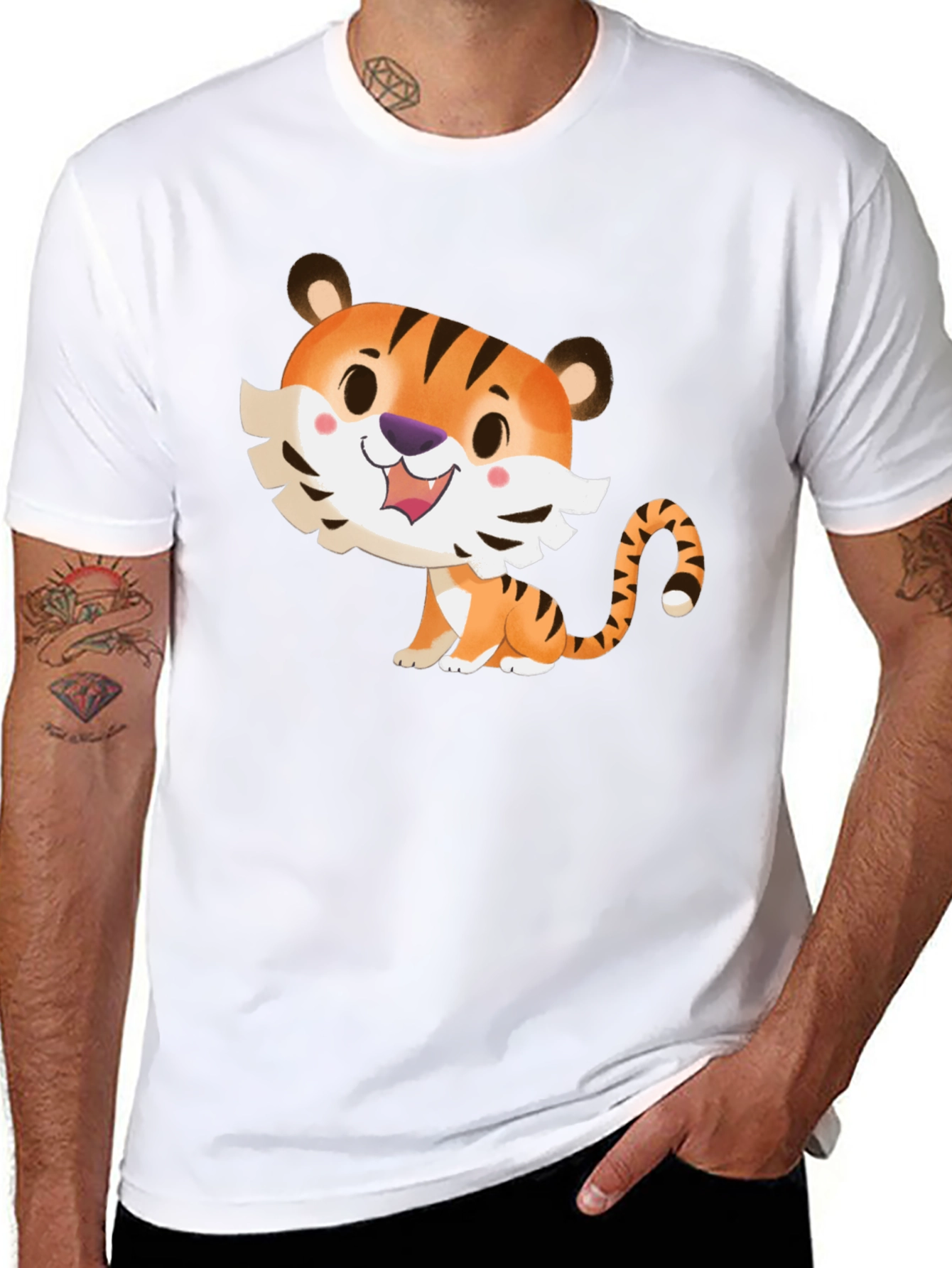 Cute Cartoon Tiger Graphic Tee - Soft Black T-Shirt