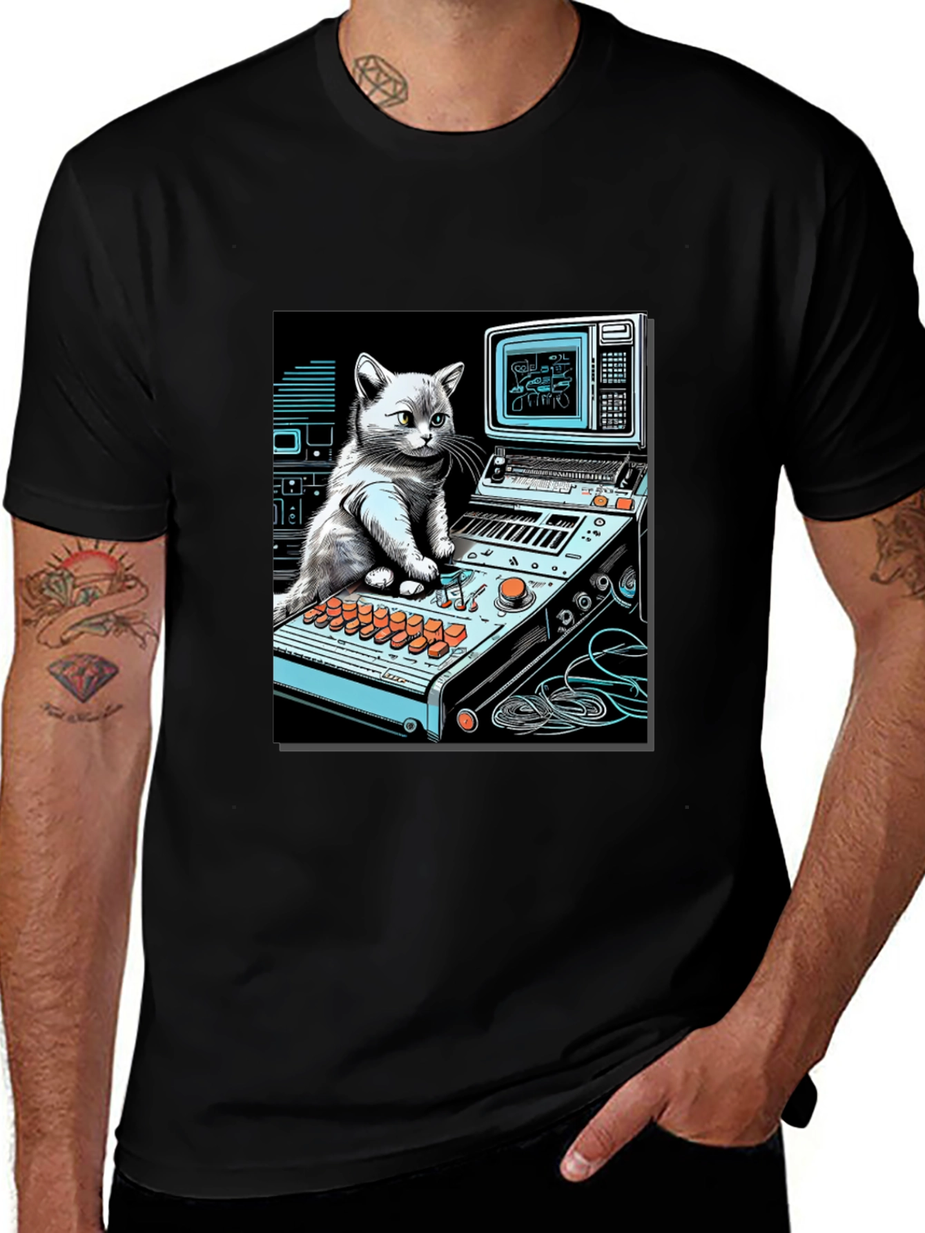Cat DJ Black T-Shirt