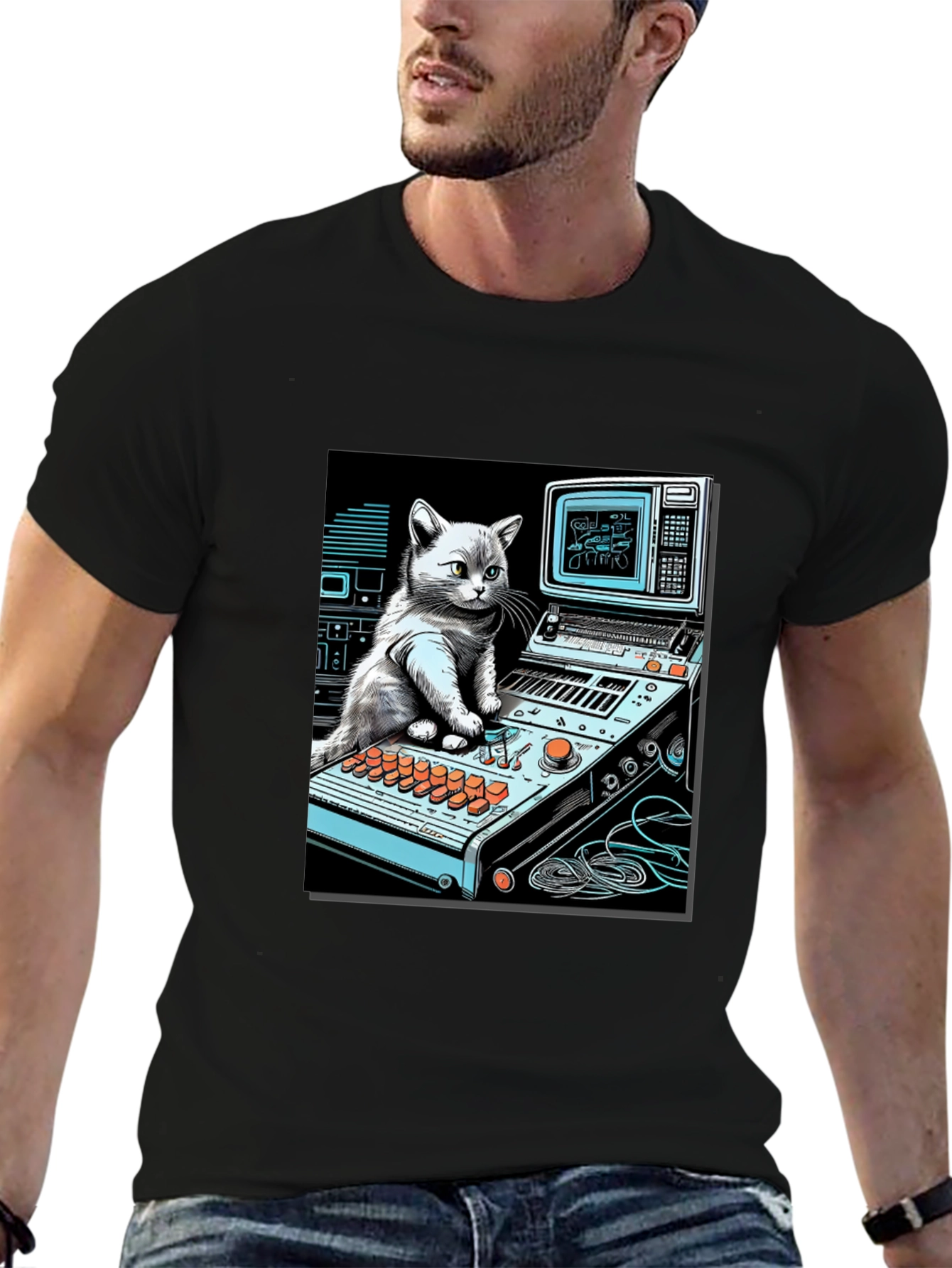 Cat DJ Black T-Shirt