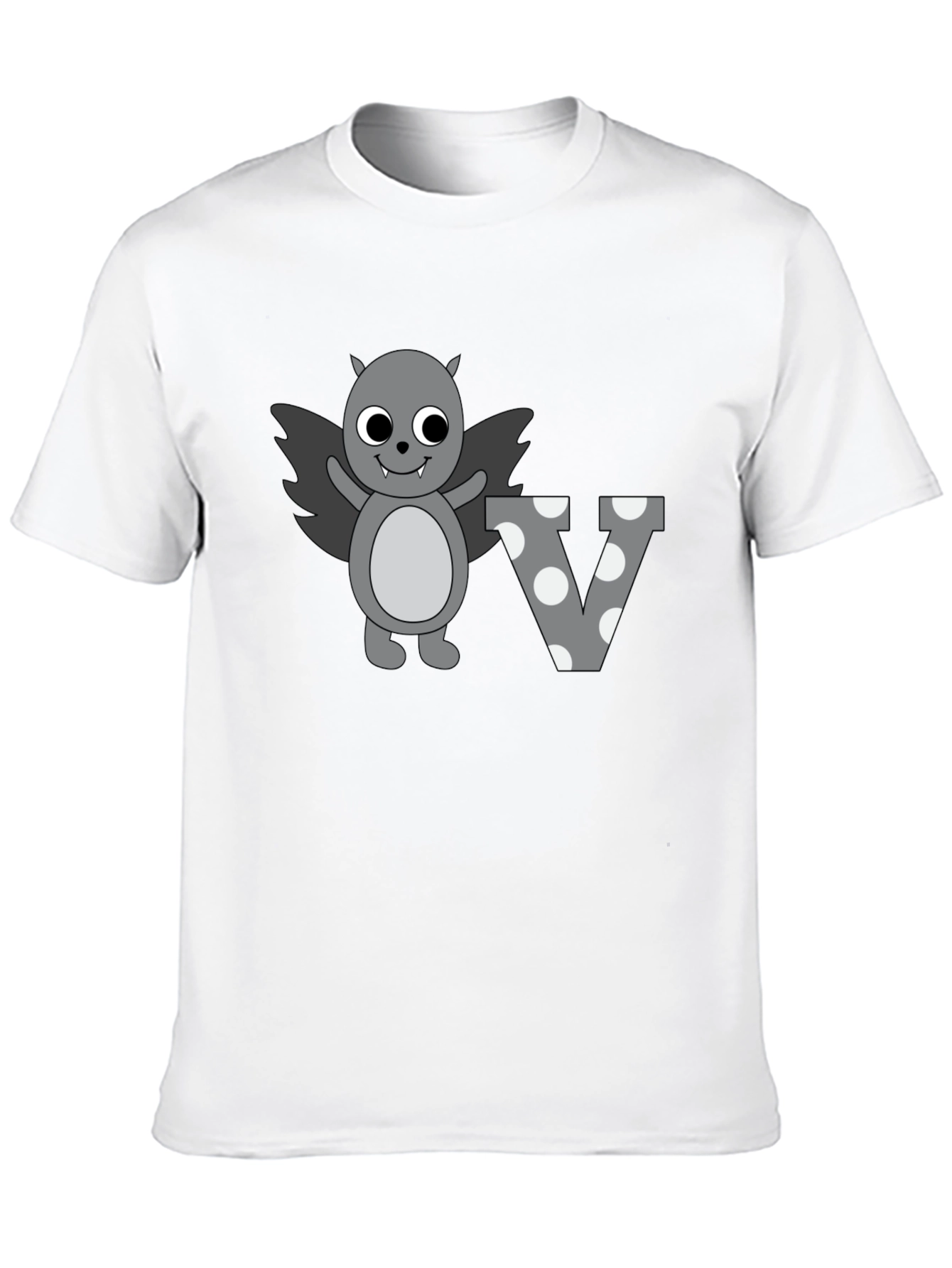 Cute Cartoon Bat Letter V Graphic Tee - Black