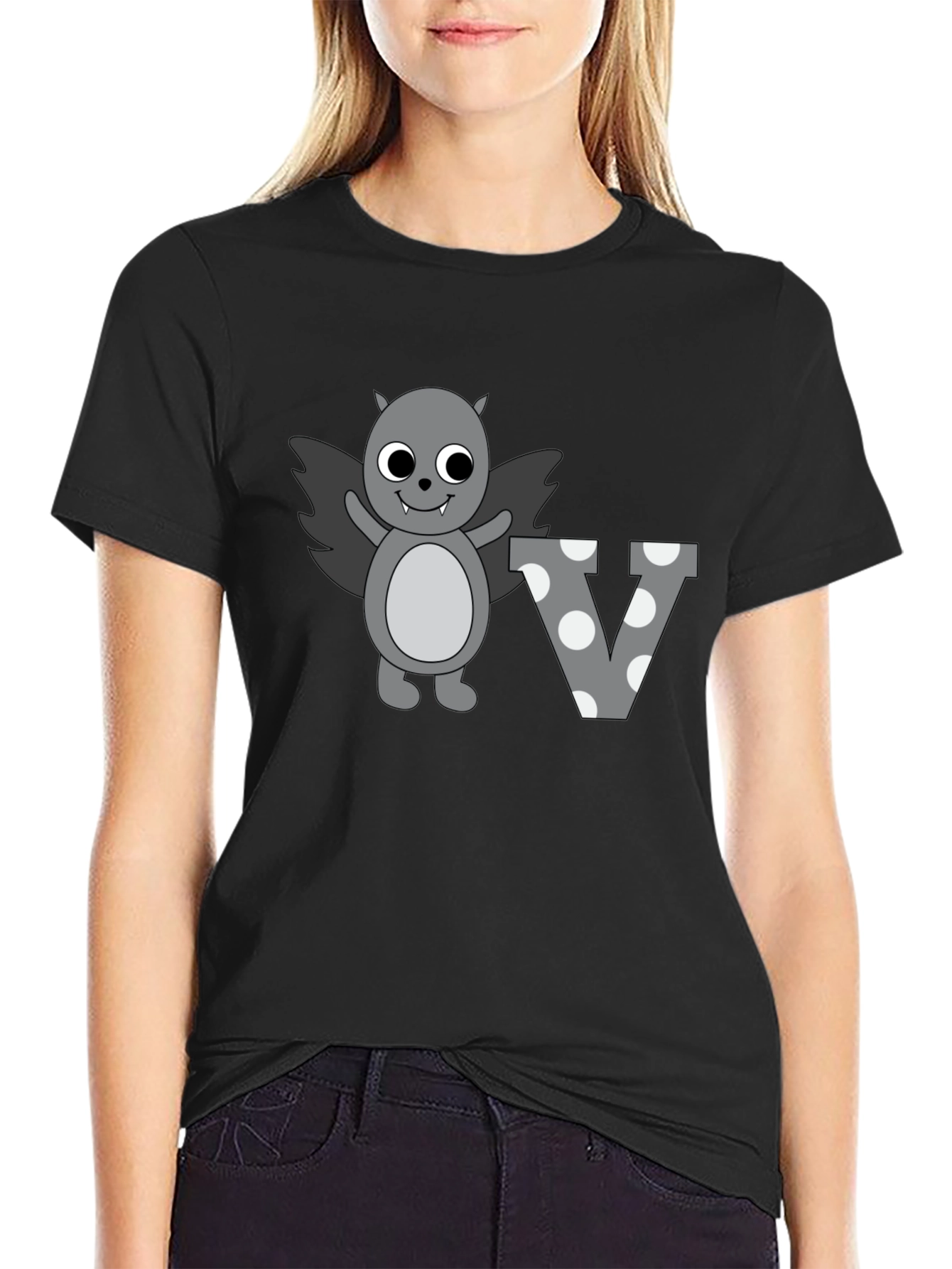 Cute Cartoon Bat Letter V Graphic Tee - Black