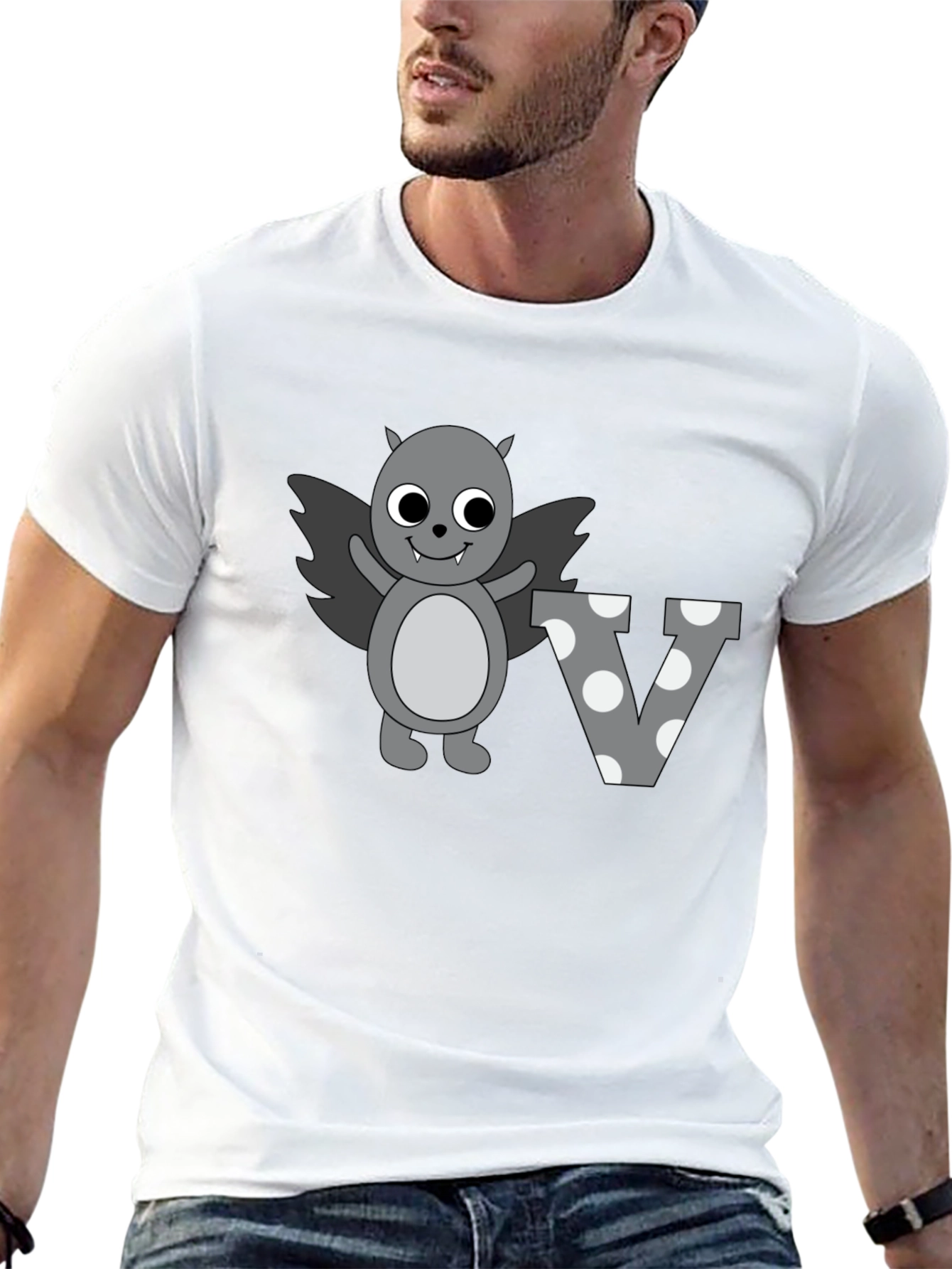 Cute Cartoon Bat Letter V Graphic Tee - Black