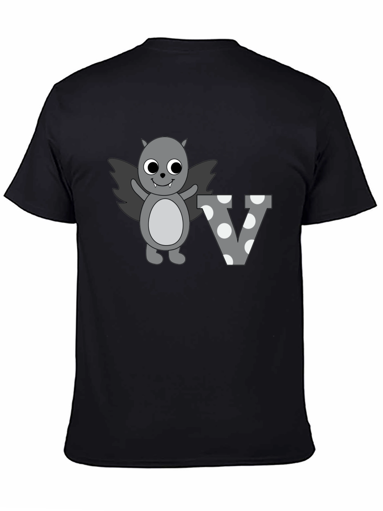 Cute Cartoon Bat Letter V Graphic Tee - Black