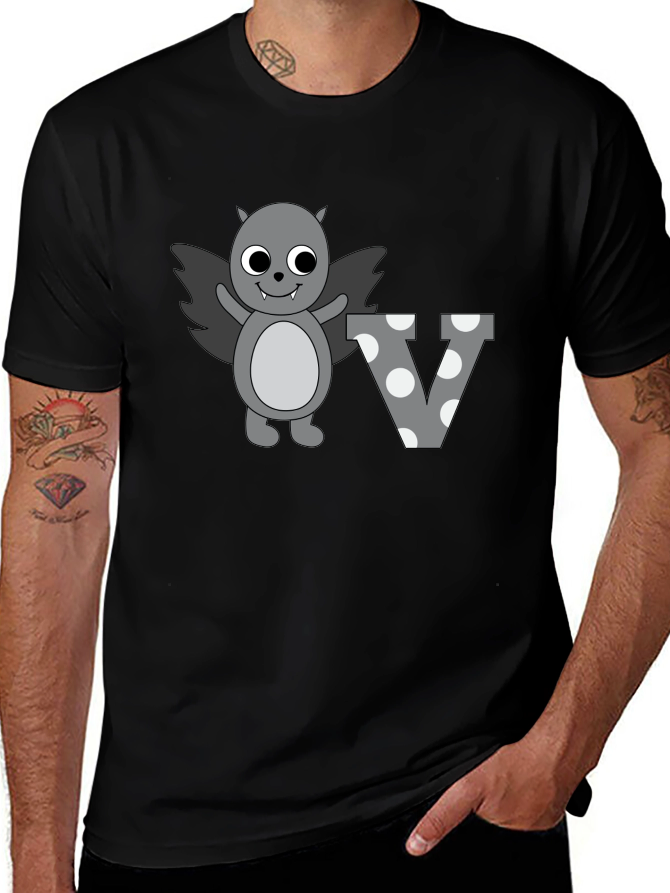 Cute Cartoon Bat Letter V Graphic Tee - Black