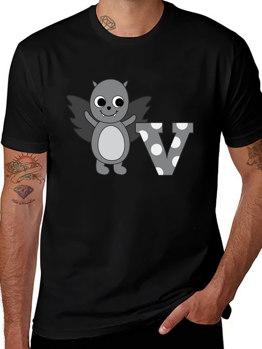 Cute Cartoon Bat Letter V Graphic Tee - Black