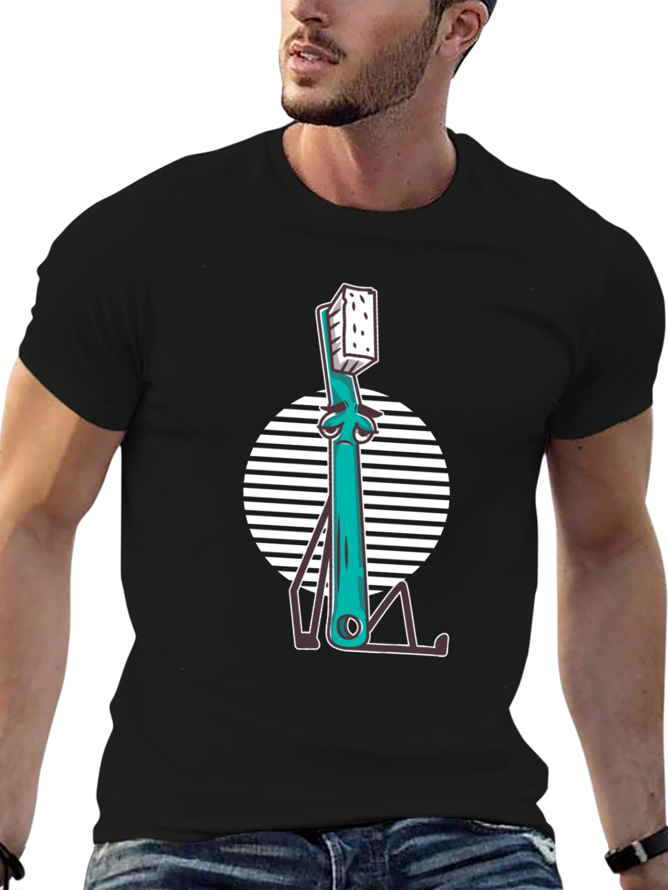 Quirky Toothbrush Graphic Tee - Black Cotton T-Shirt