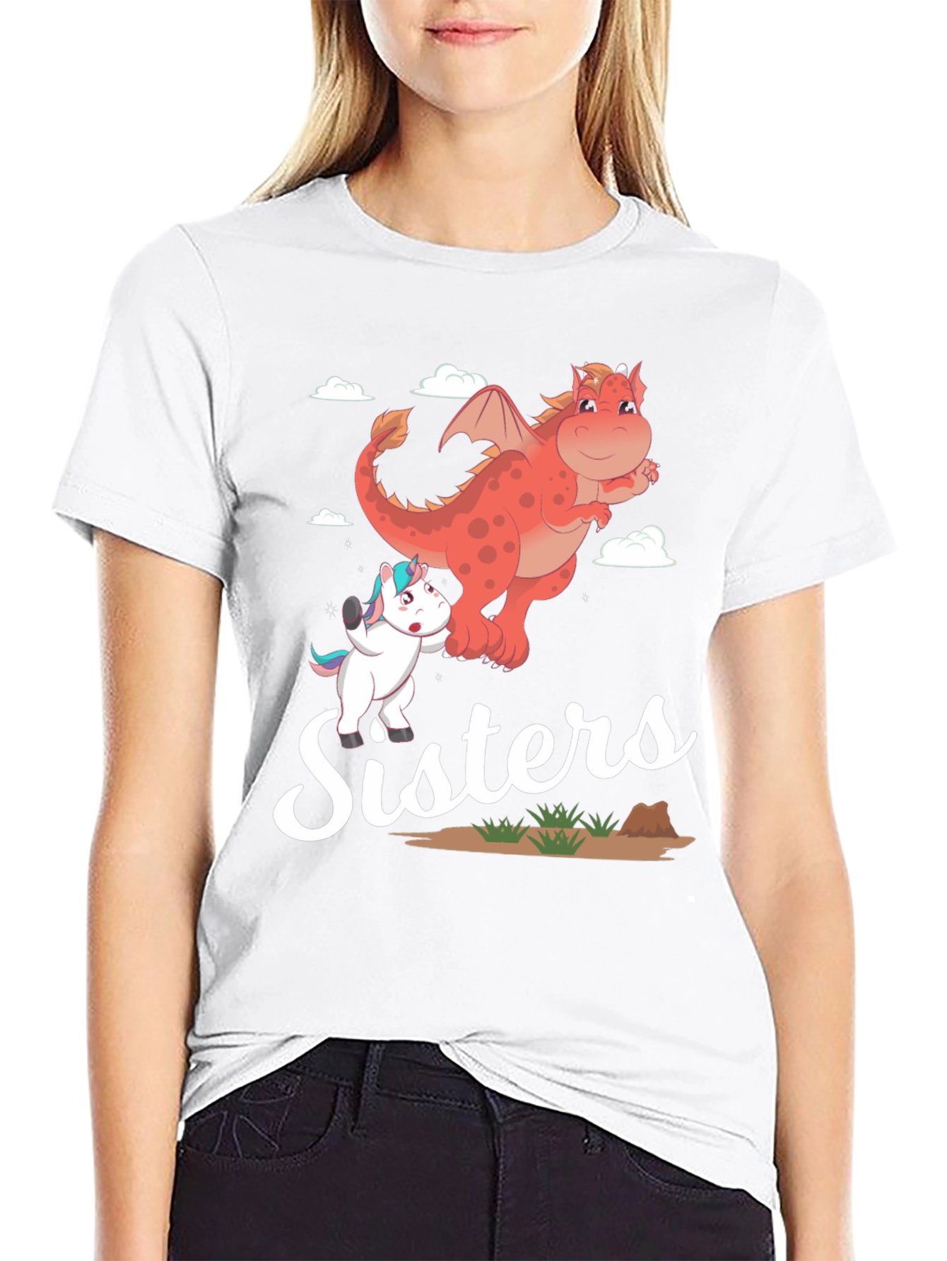 Sisters Unicorn and Dragon Cartoon T-Shirt