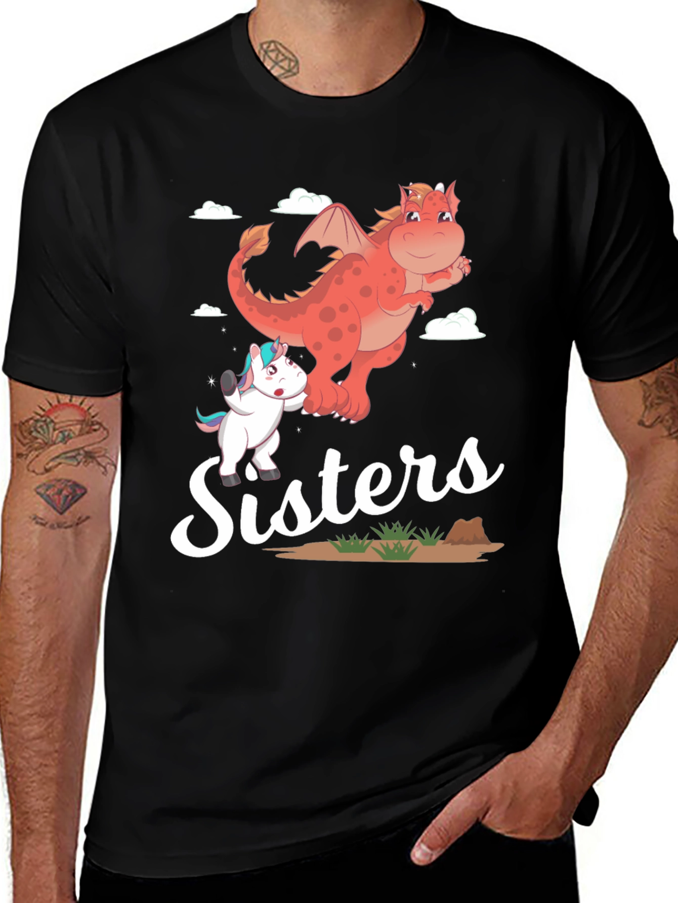 Sisters Unicorn and Dragon Cartoon T-Shirt