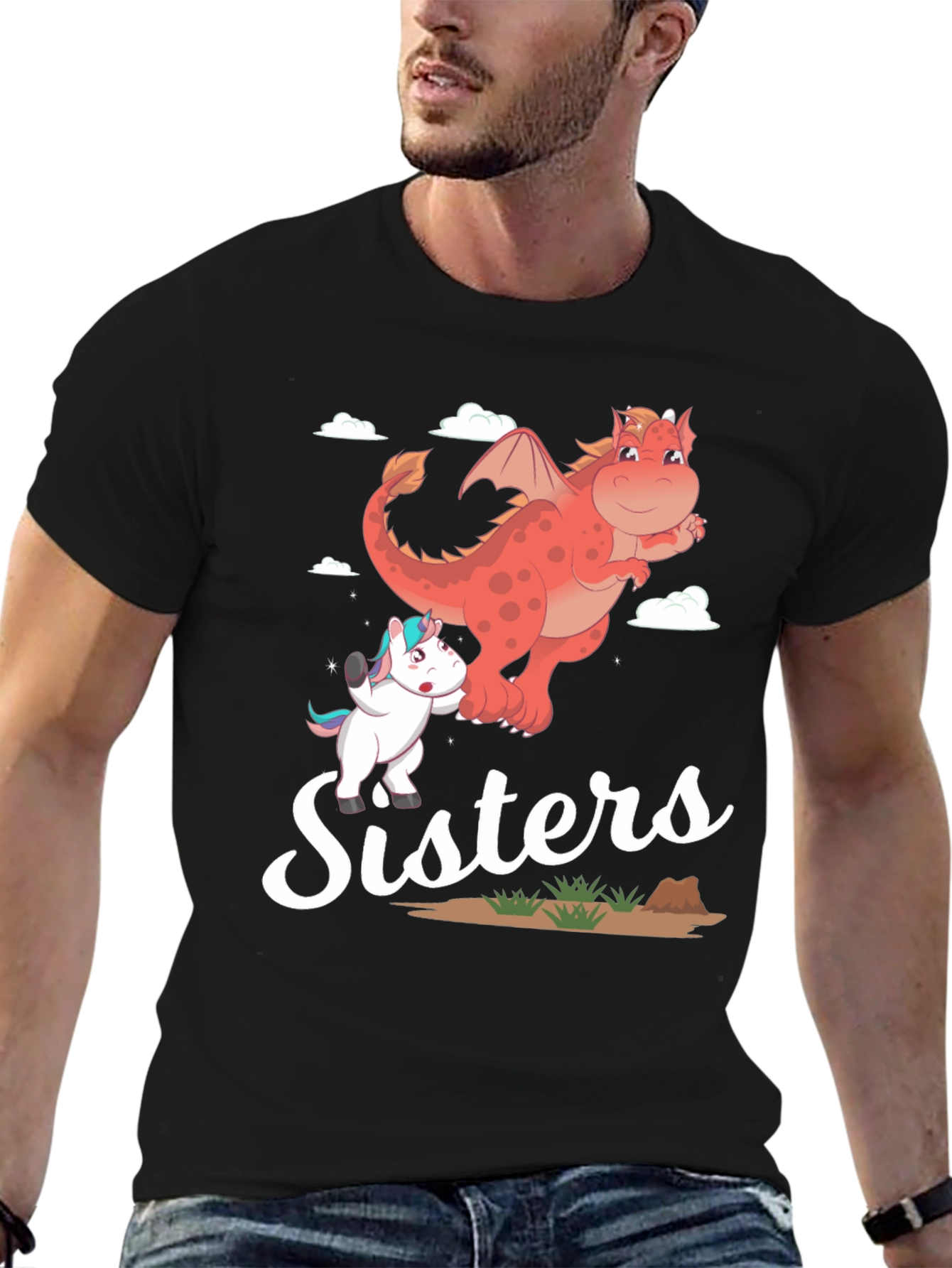 Sisters Unicorn and Dragon Cartoon T-Shirt