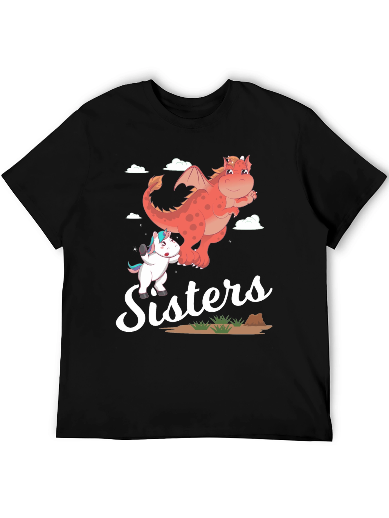 Sisters Unicorn and Dragon Cartoon T-Shirt