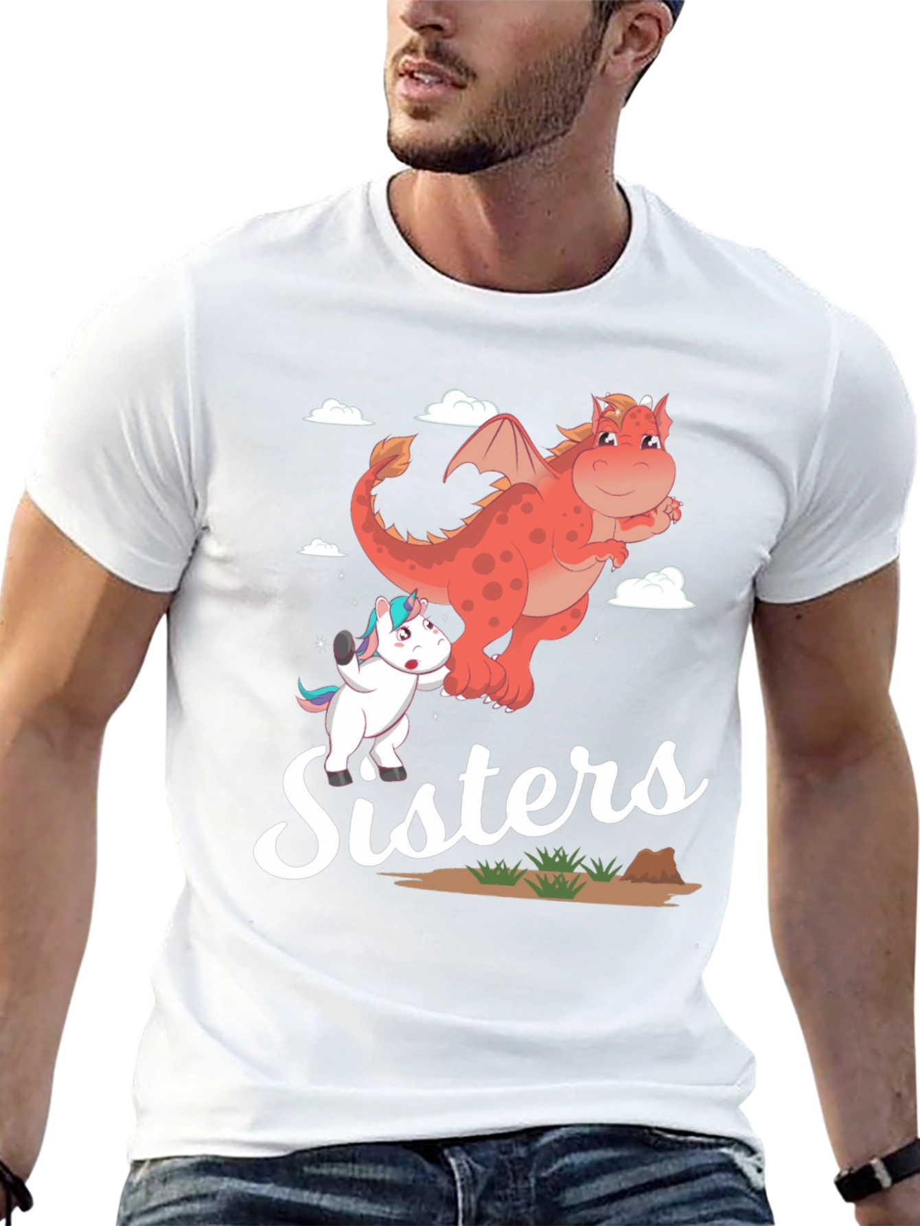 Sisters Unicorn and Dragon Cartoon T-Shirt