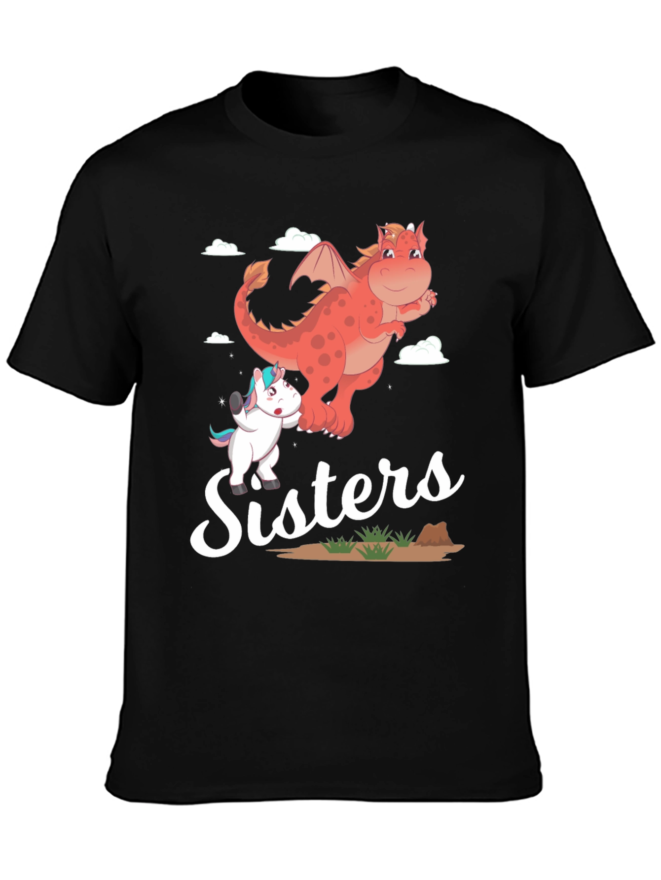 Sisters Unicorn and Dragon Cartoon T-Shirt