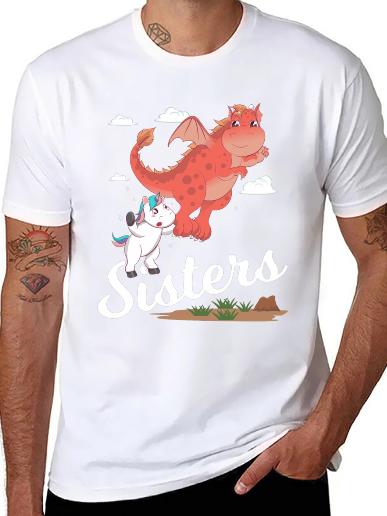 Sisters Unicorn and Dragon Cartoon T-Shirt